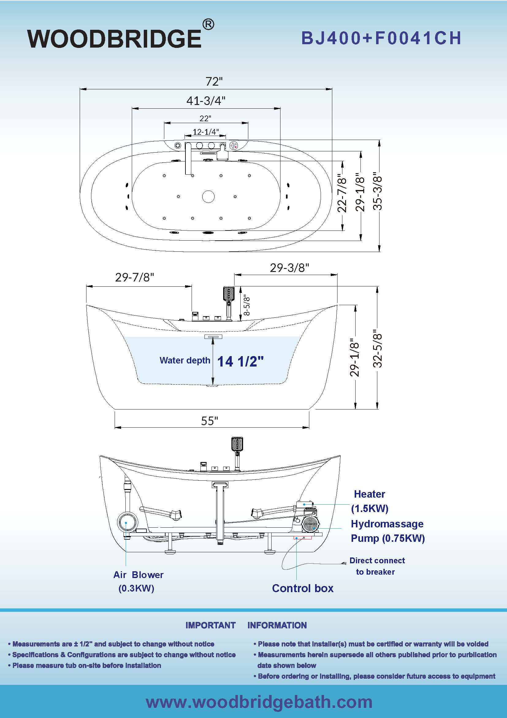 WOODBRIDGE 72" Whirlpool & Air Bubble Freestanding Heated Combination Bathtub with Tub Filler & LED Control Panel, BJ400+F0041CH