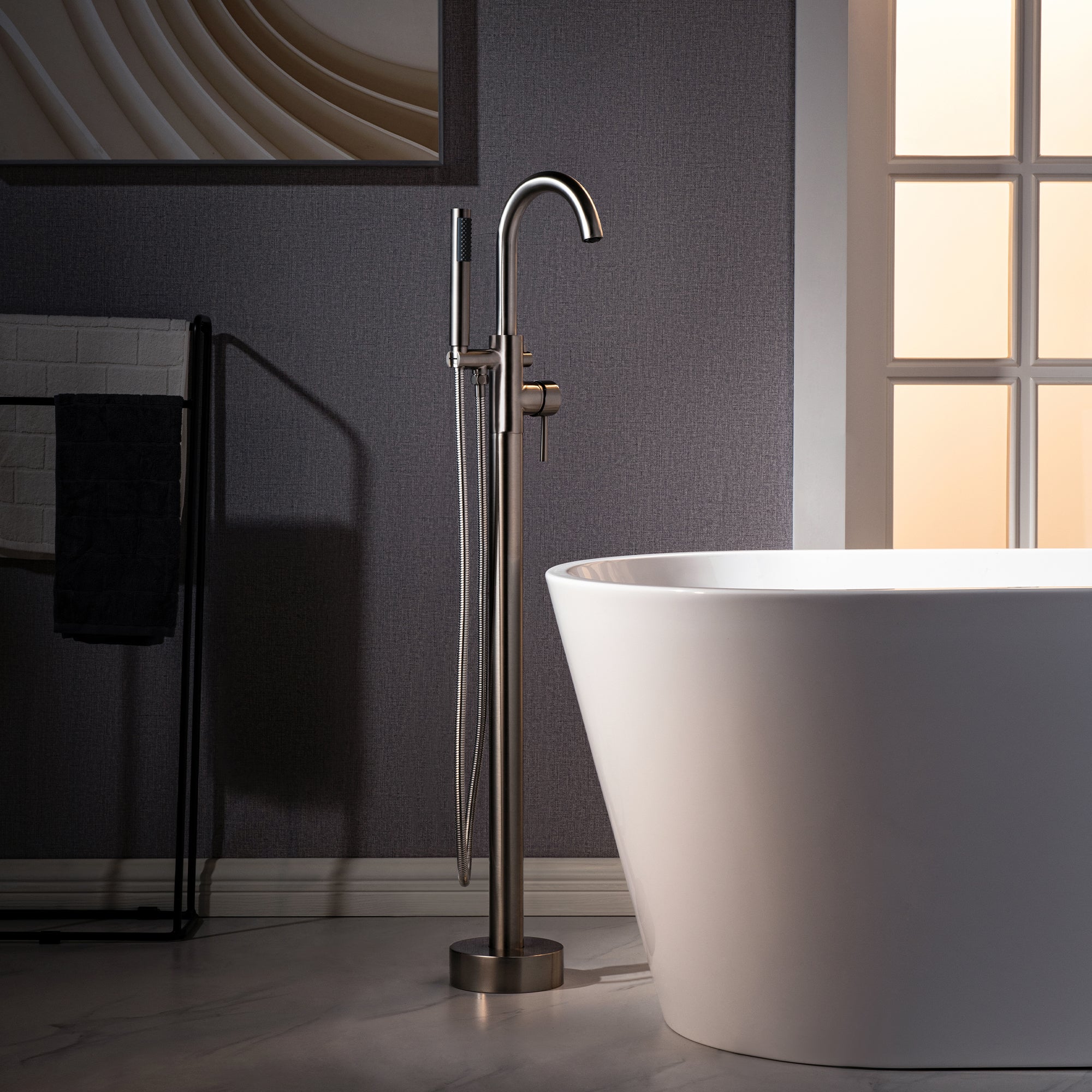 WOODBRIDGE Contemporary Single Handle Floor Mount Freestanding Tub Filler Faucet with Cylinder Shape Hand shower