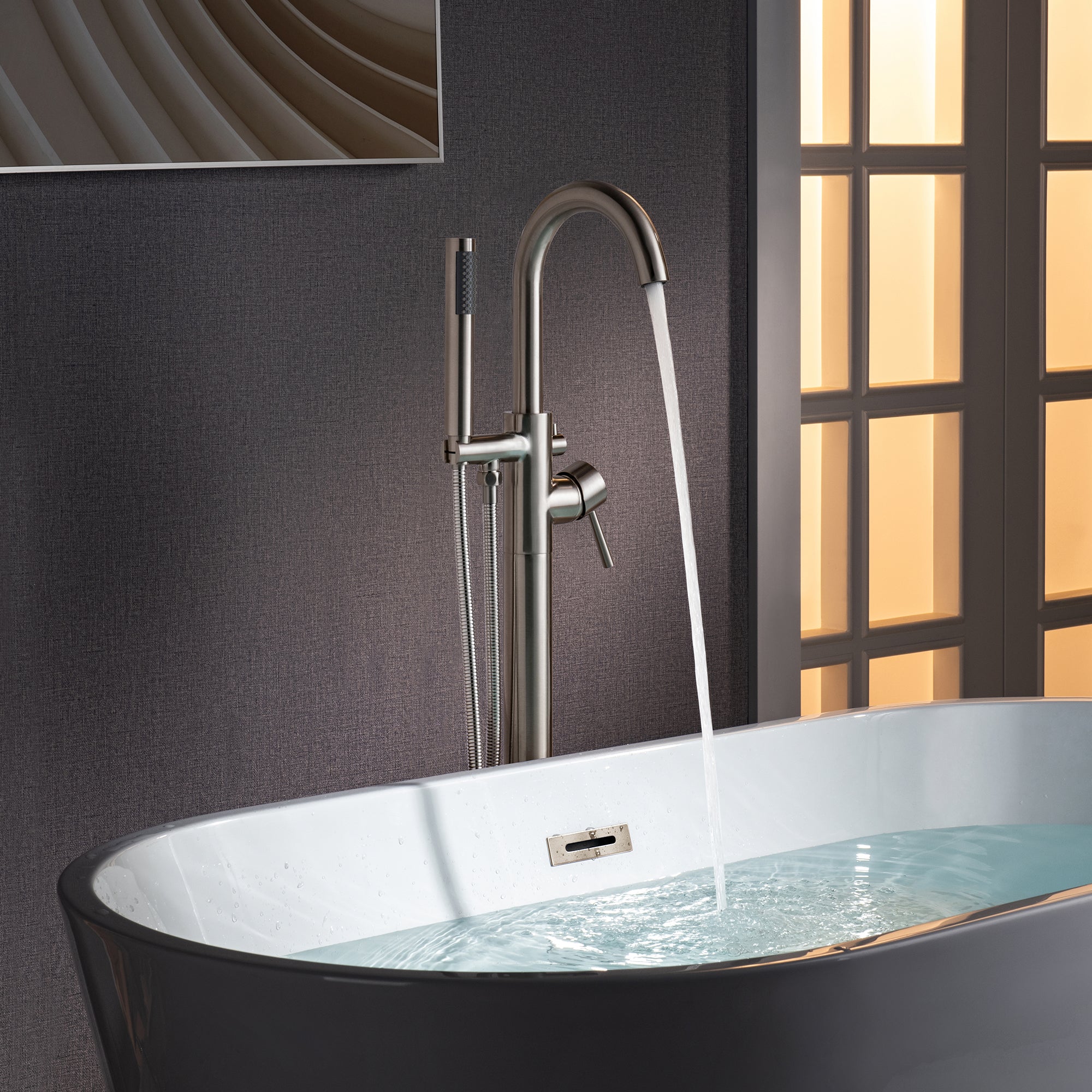 WOODBRIDGE Contemporary Single Handle Floor Mount Freestanding Tub Filler Faucet with Cylinder Shape Hand shower