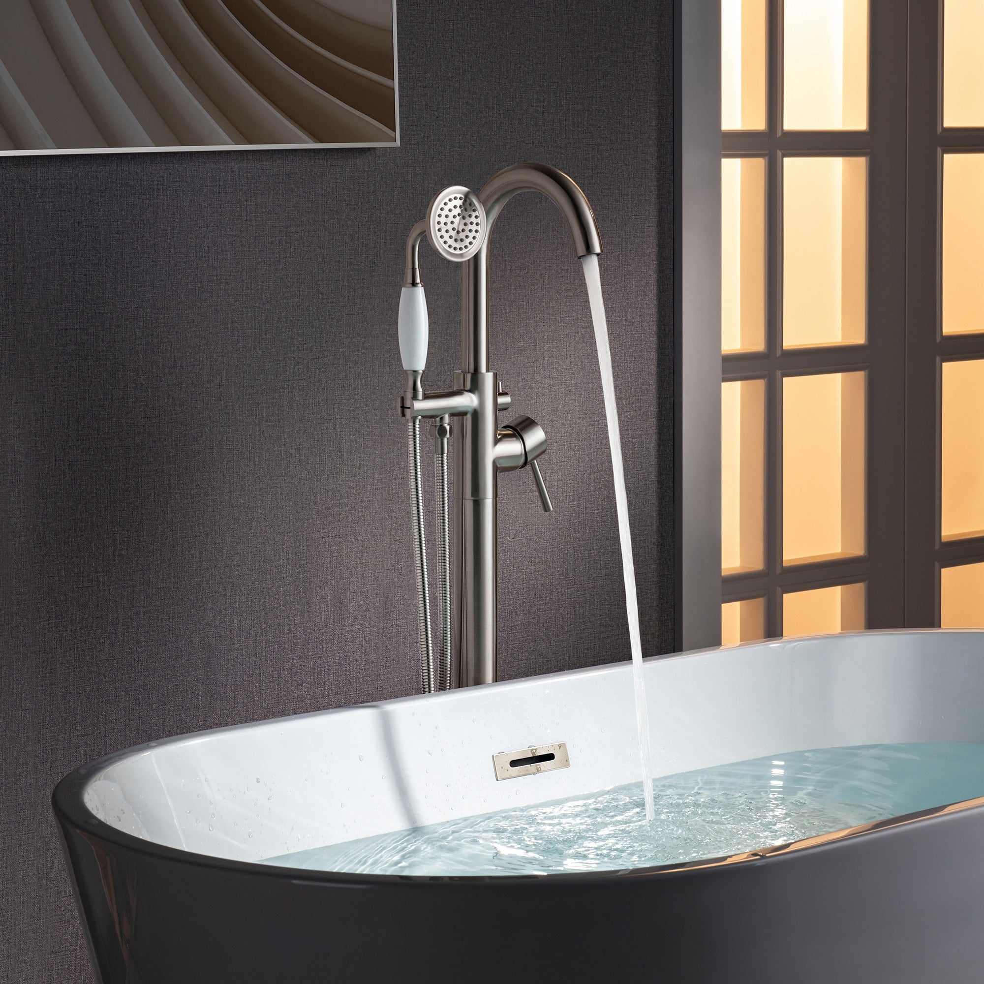 WOODBRIDGE Fusion Single Handle Floor Mount Freestanding Tub Filler Faucet with Telephone Hand shower
