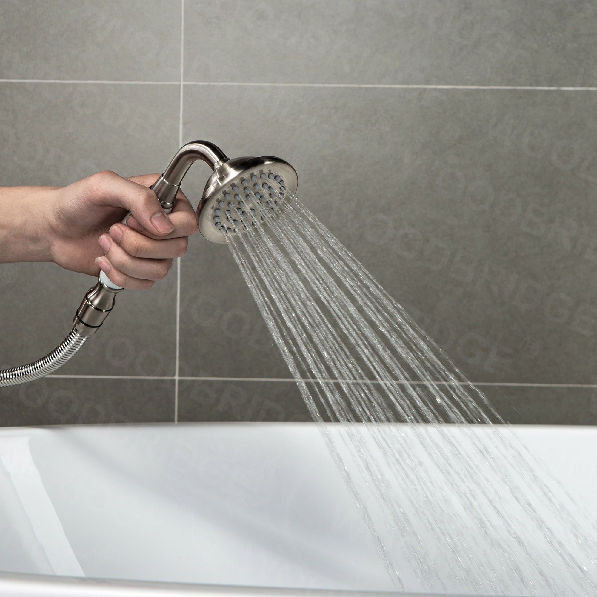WOODBRIDGE Fusion Single Handle Floor Mount Freestanding Tub Filler Faucet with Telephone Hand shower
