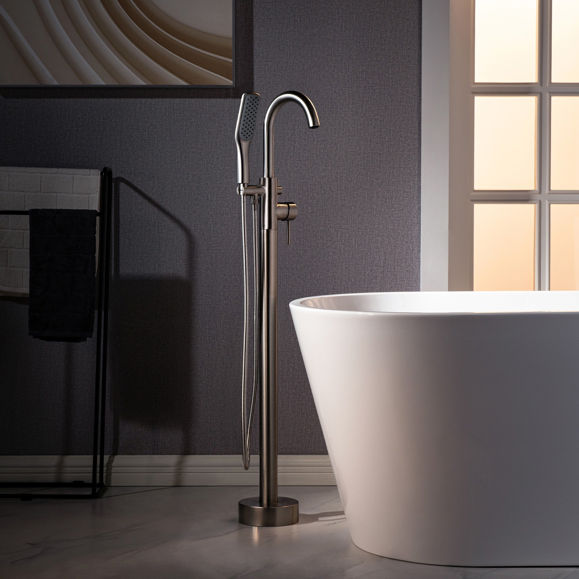 WOODBRIDGE Fusion Single Handle Floor Mount Freestanding Tub Filler Faucet with Square Comfort Grip Hand Shower