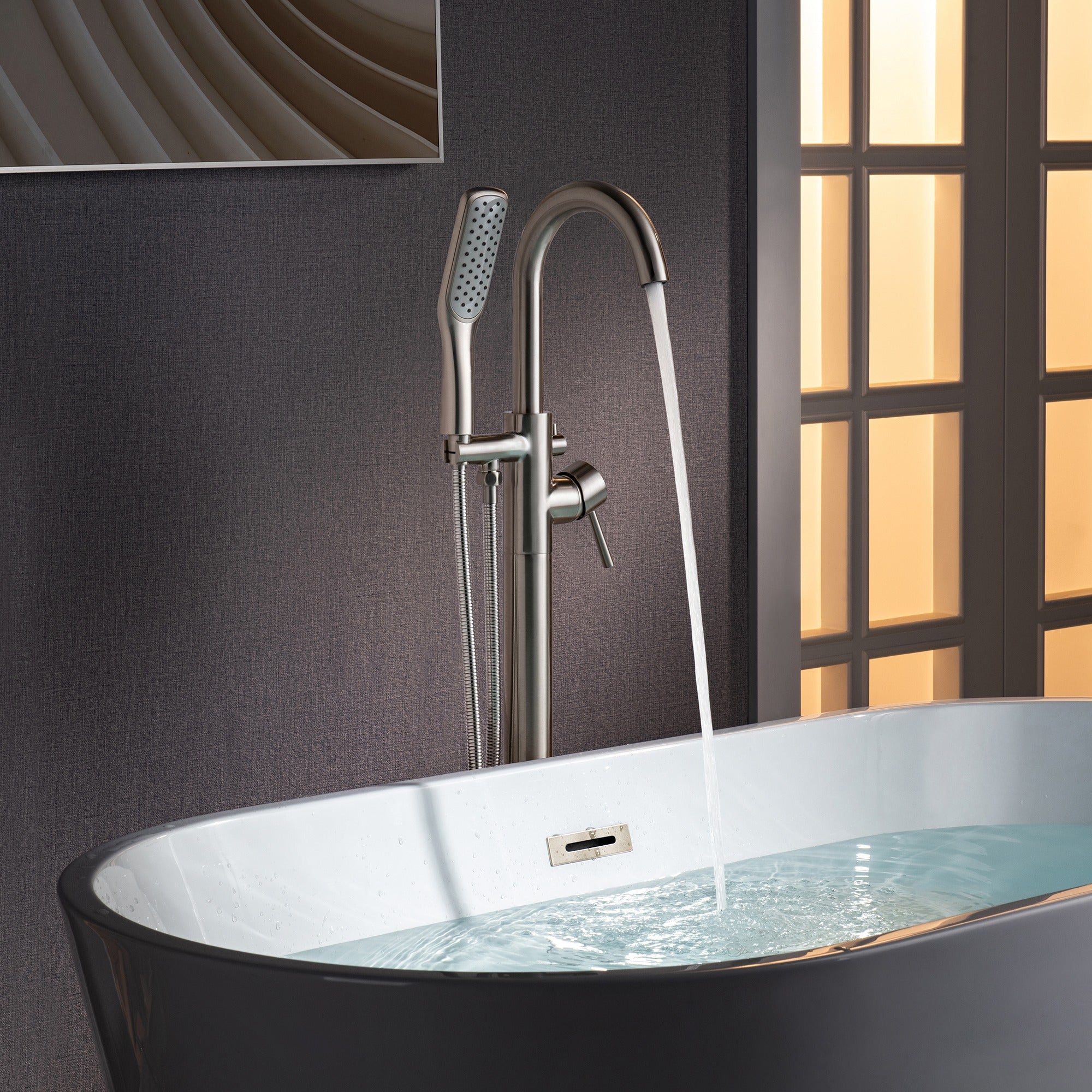 WOODBRIDGE Fusion Single Handle Floor Mount Freestanding Tub Filler Faucet with Square Comfort Grip Hand Shower