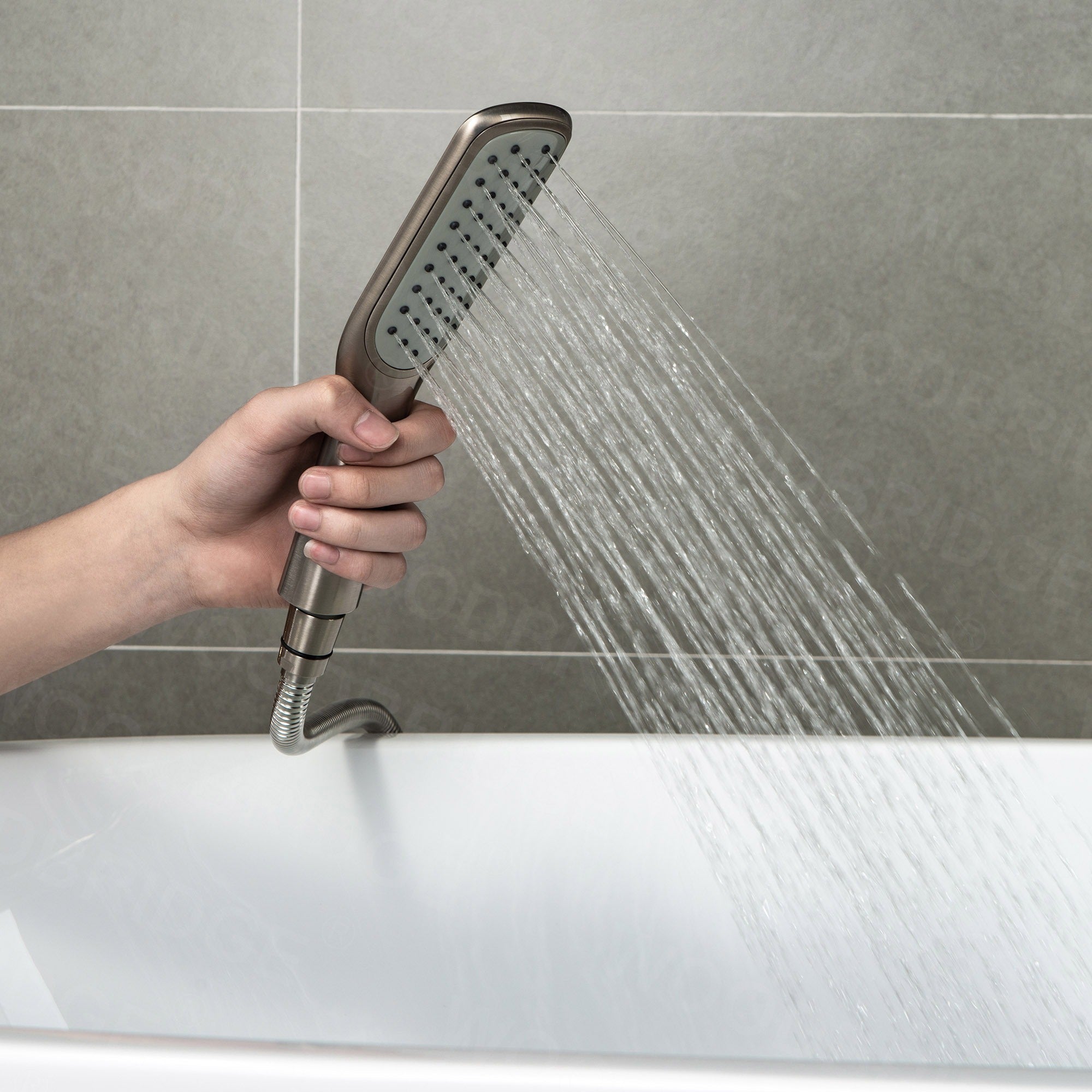 WOODBRIDGE Fusion Single Handle Floor Mount Freestanding Tub Filler Faucet with Square Comfort Grip Hand Shower