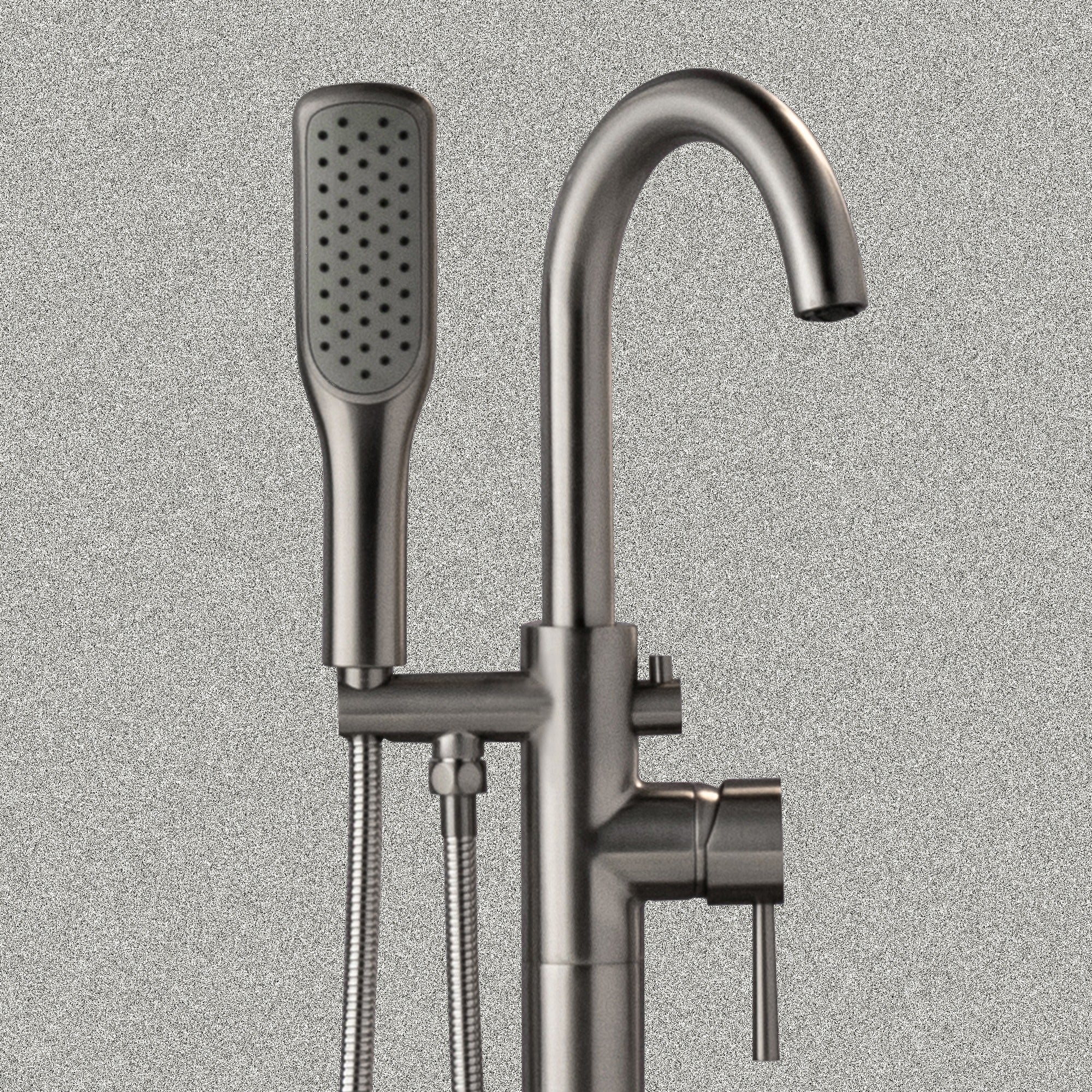 WOODBRIDGE Fusion Single Handle Floor Mount Freestanding Tub Filler Faucet with Square Comfort Grip Hand Shower