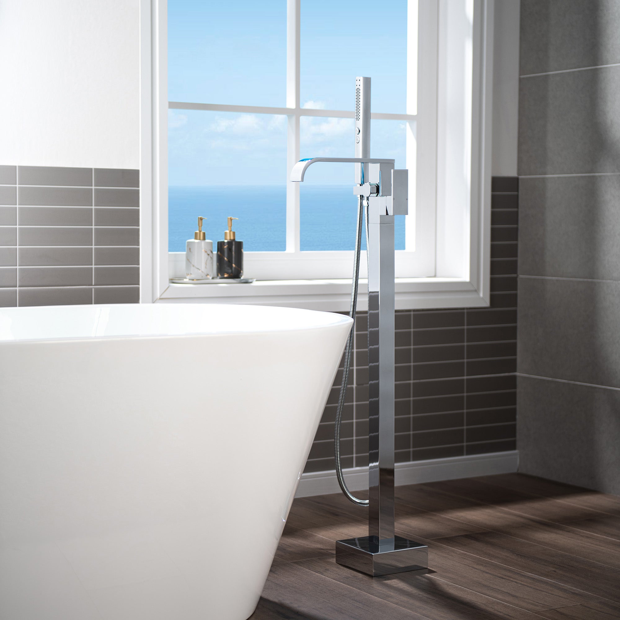 WOODBRIDGE F0040BN Contemporary Single Handle Floor Mount Freestanding Tub Filler Faucet with Hand shower