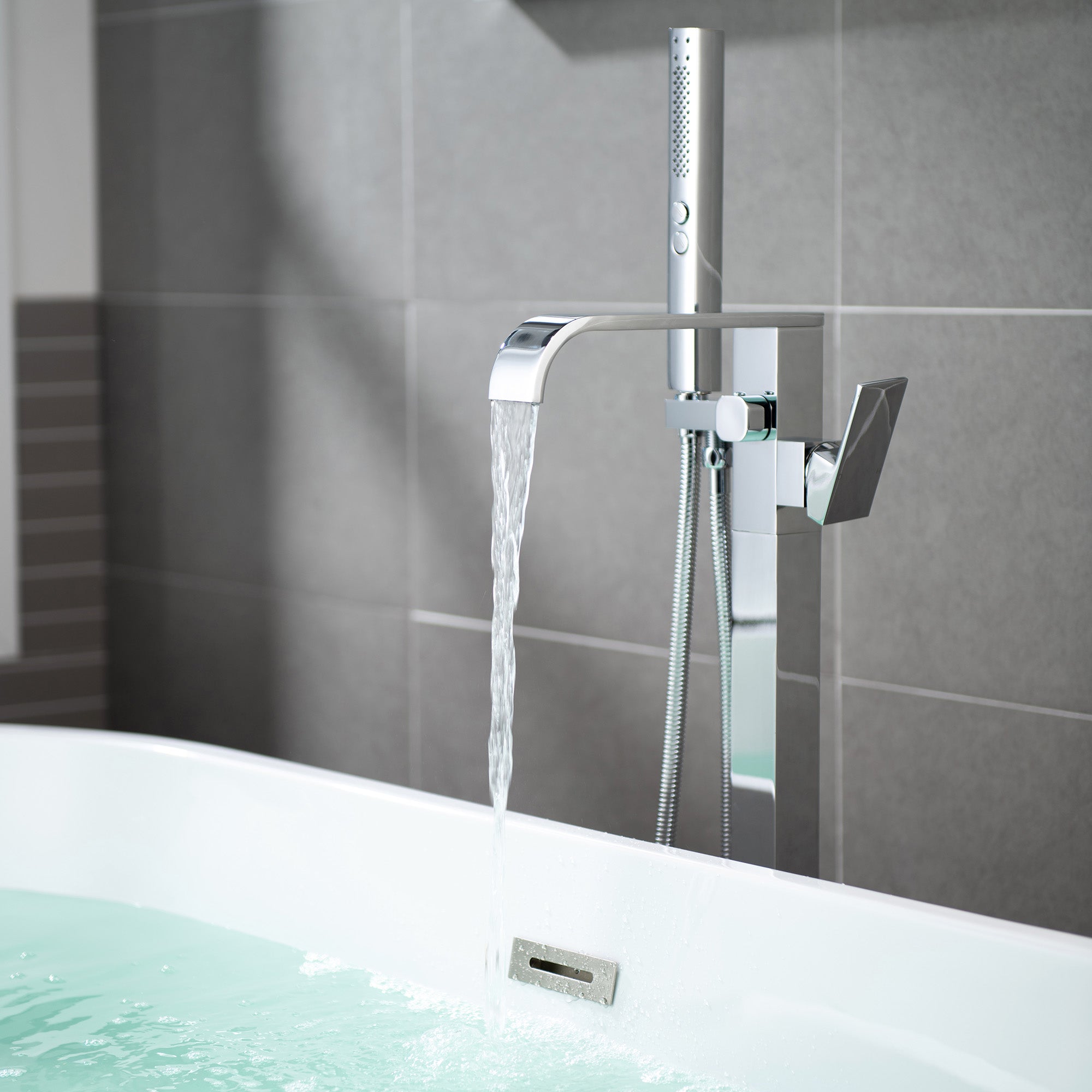 WOODBRIDGE F0040BN Contemporary Single Handle Floor Mount Freestanding Tub Filler Faucet with Hand shower