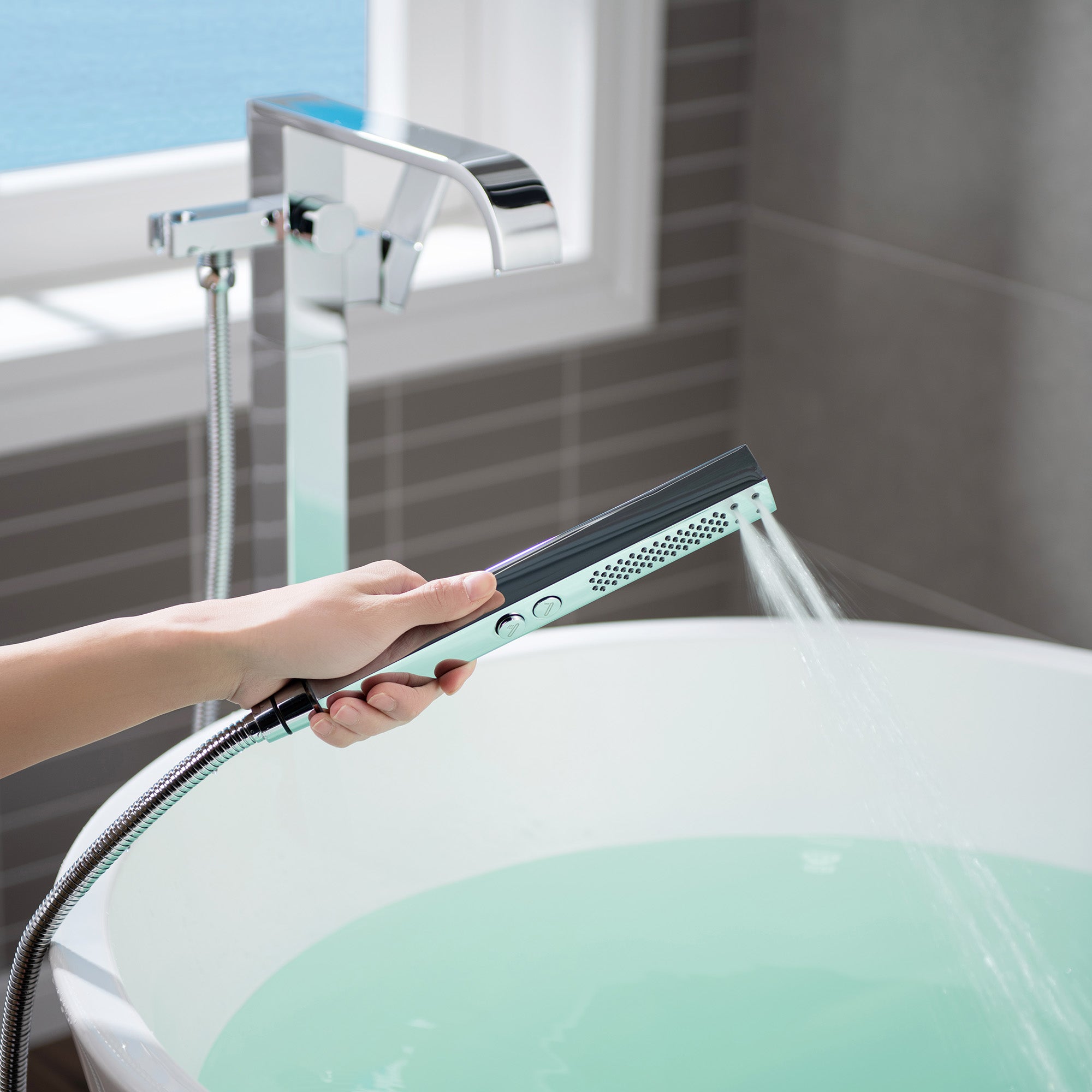 WOODBRIDGE F0040BN Contemporary Single Handle Floor Mount Freestanding Tub Filler Faucet with Hand shower