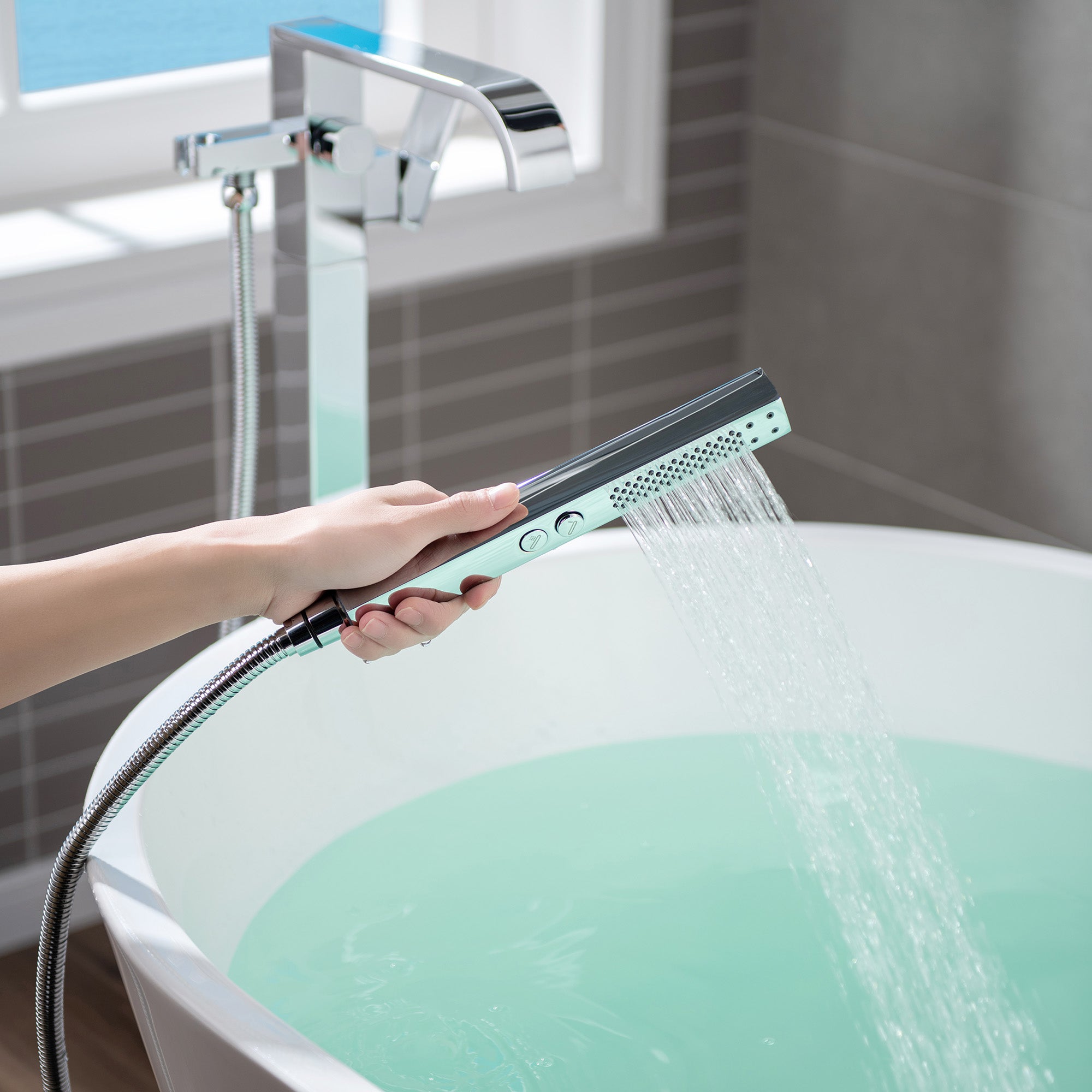 WOODBRIDGE F0040BN Contemporary Single Handle Floor Mount Freestanding Tub Filler Faucet with Hand shower
