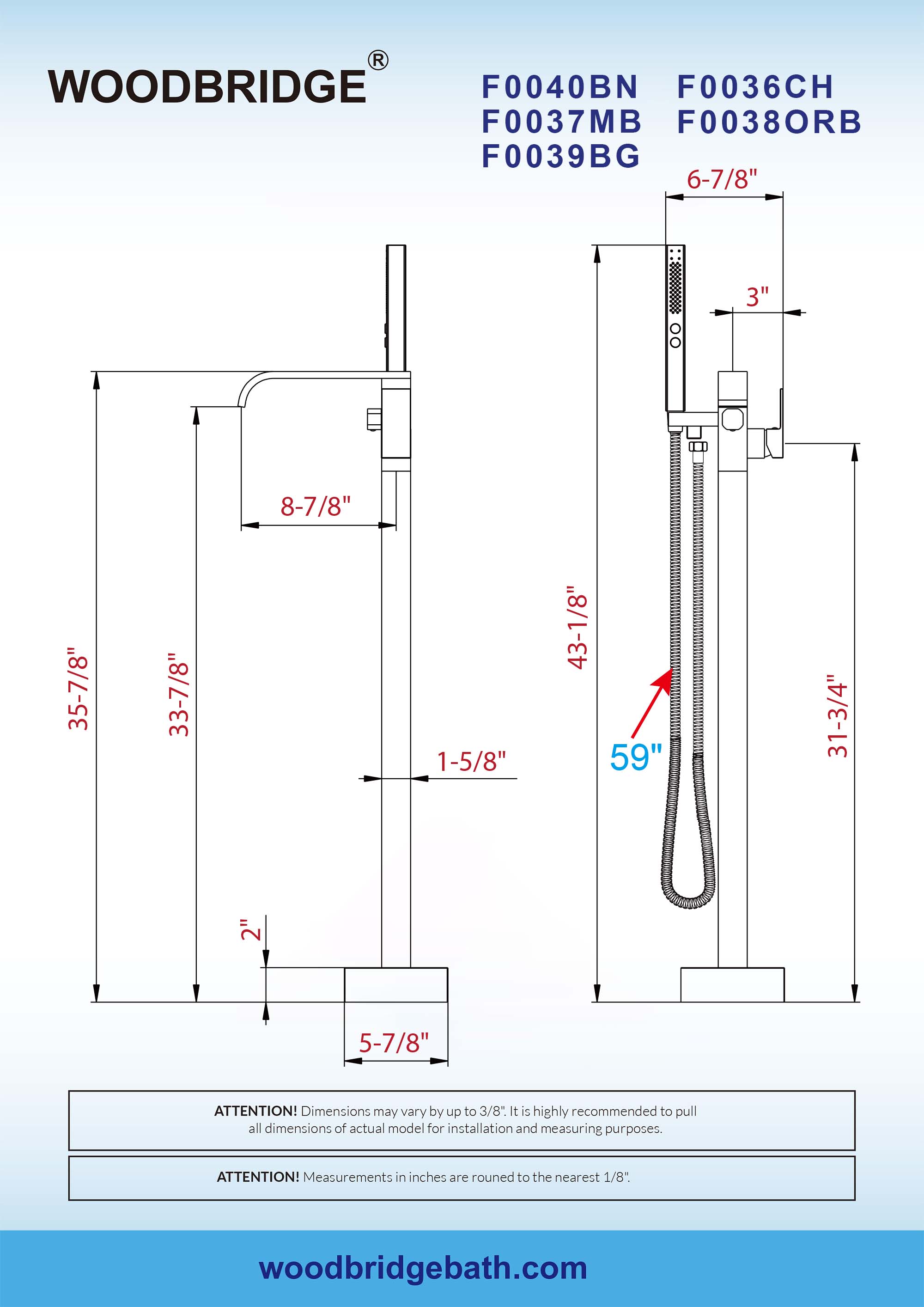WOODBRIDGE F0040BN Contemporary Single Handle Floor Mount Freestanding Tub Filler Faucet with Hand shower