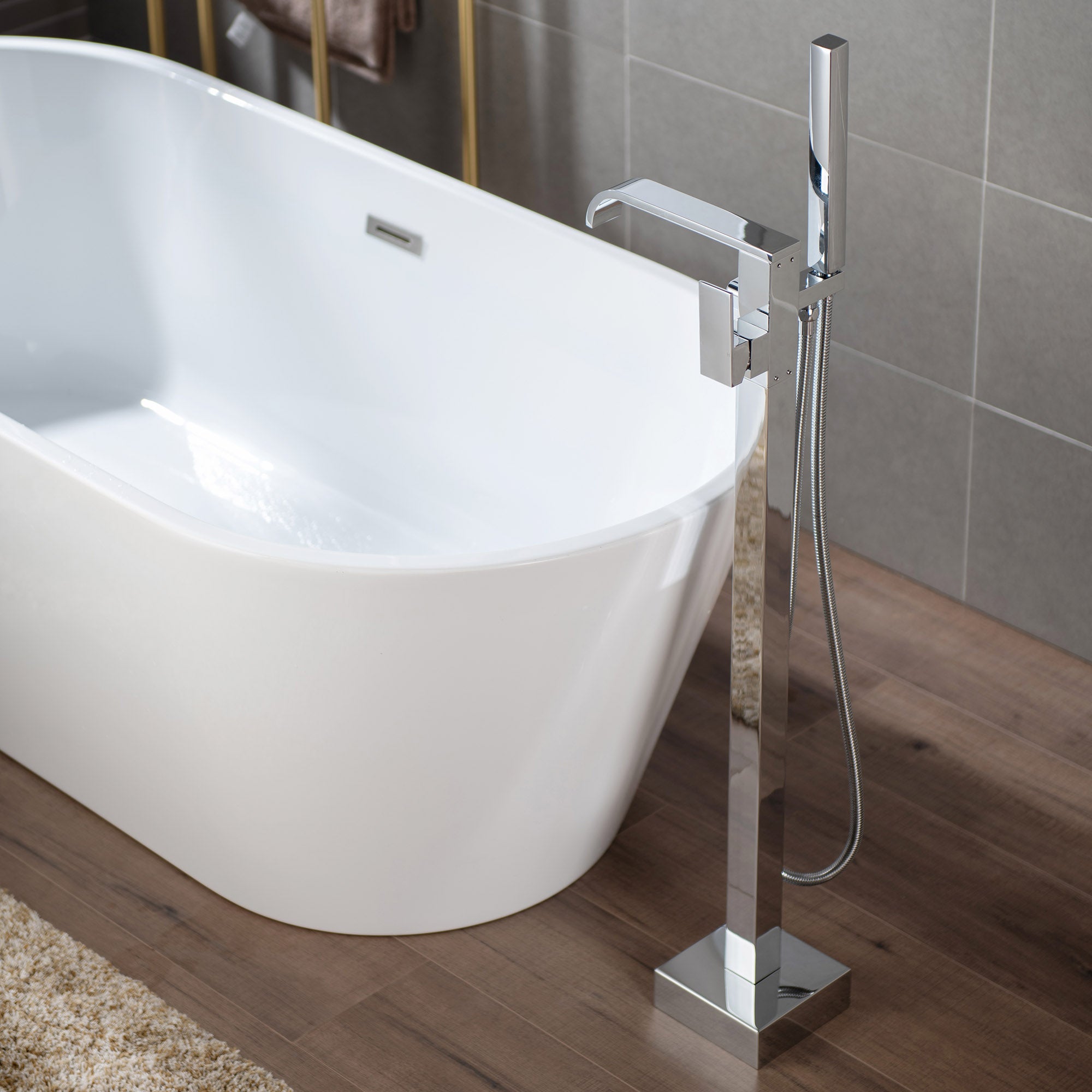 WOODBRIDGE F0040BN Contemporary Single Handle Floor Mount Freestanding Tub Filler Faucet with Hand shower
