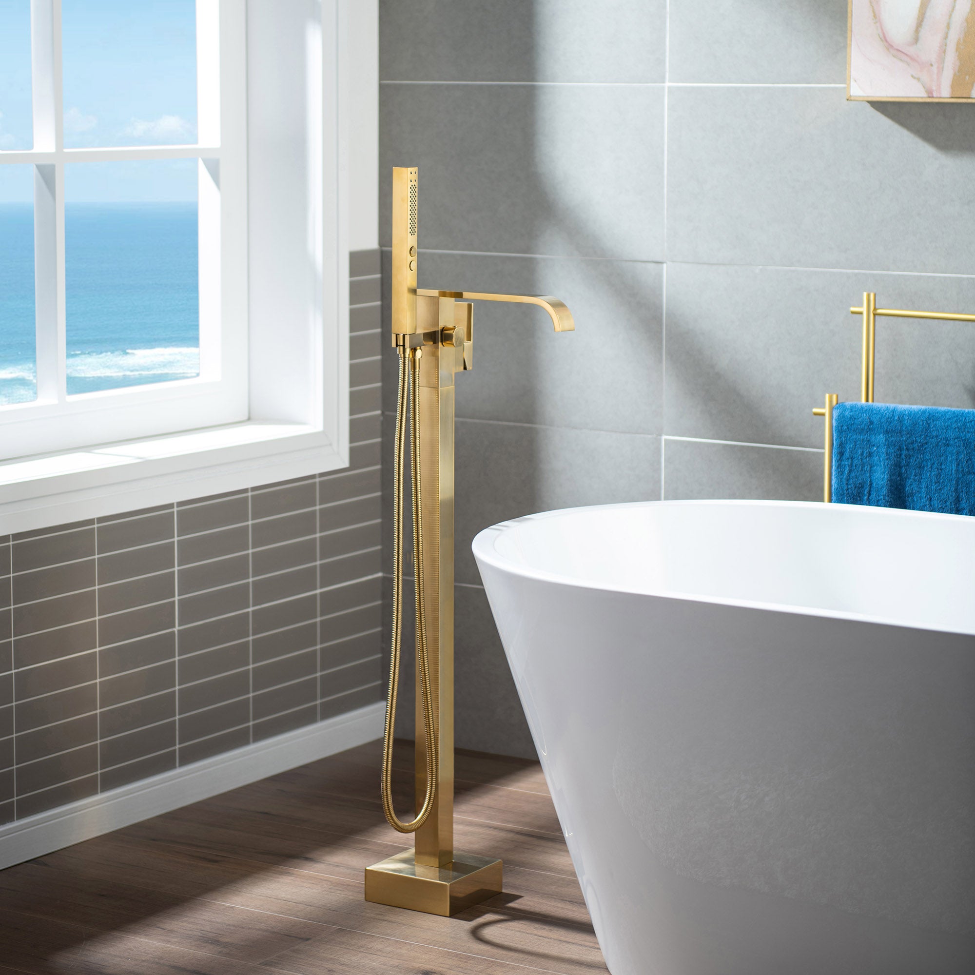 WOODBRIDGE F0040BN Contemporary Single Handle Floor Mount Freestanding Tub Filler Faucet with Hand shower