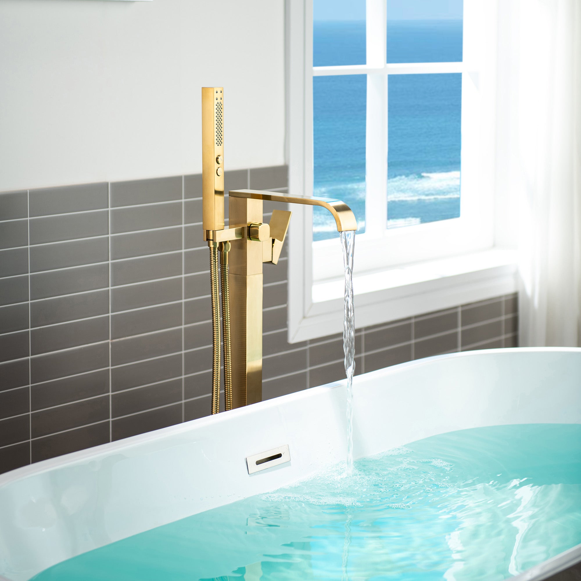 WOODBRIDGE F0040BN Contemporary Single Handle Floor Mount Freestanding Tub Filler Faucet with Hand shower
