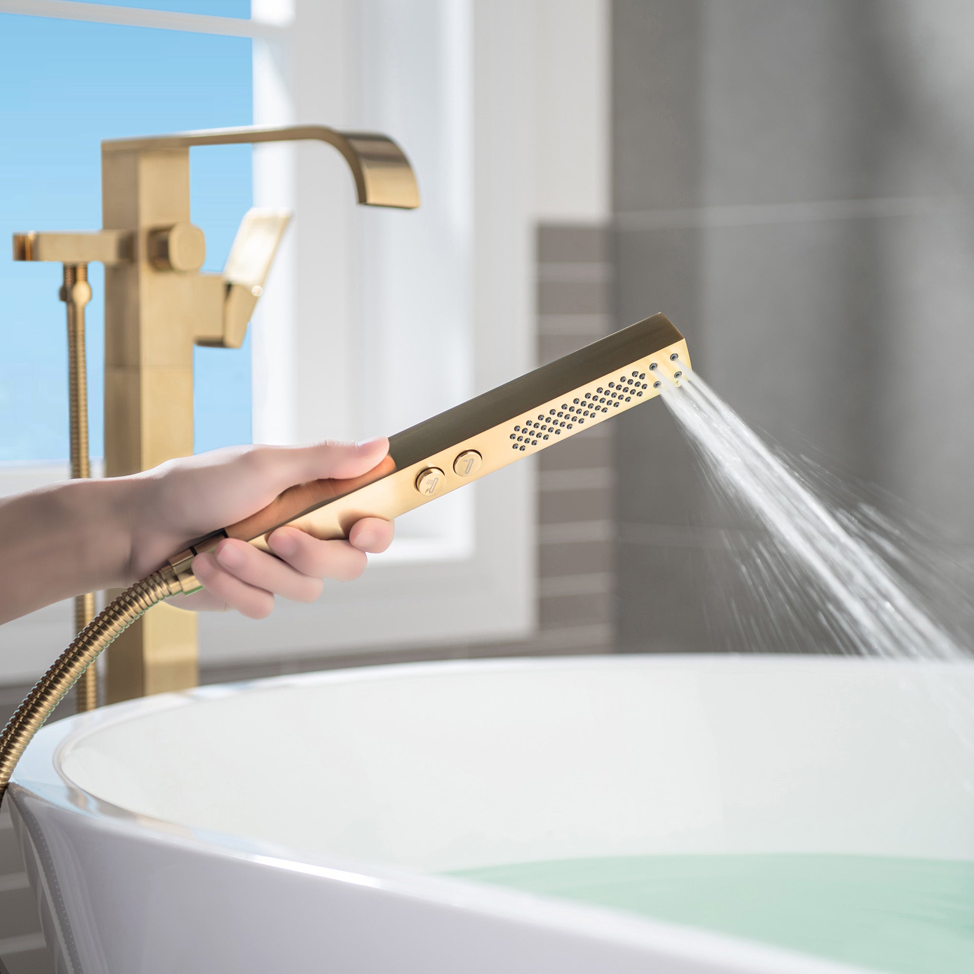 WOODBRIDGE F0040BN Contemporary Single Handle Floor Mount Freestanding Tub Filler Faucet with Hand shower