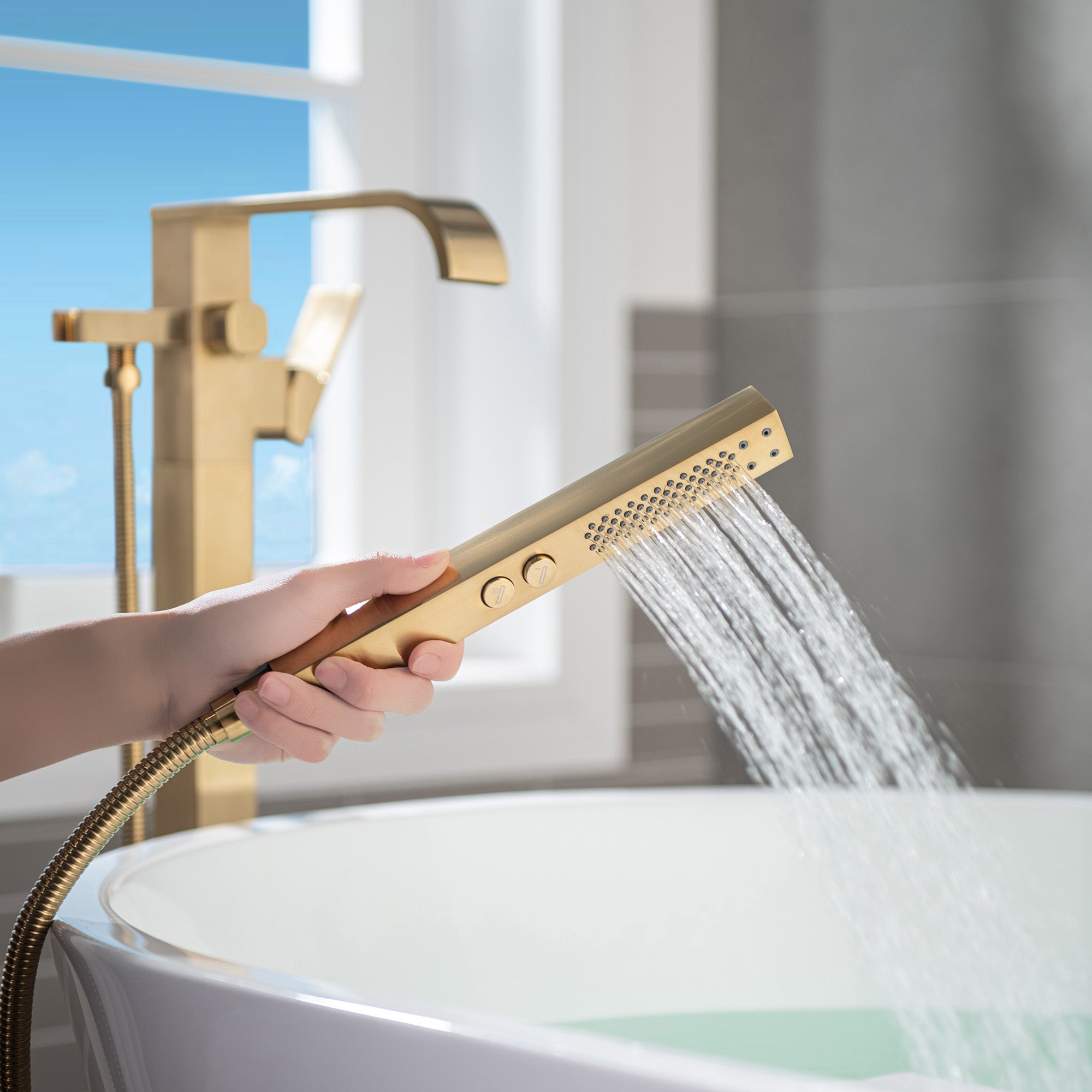 WOODBRIDGE F0040BN Contemporary Single Handle Floor Mount Freestanding Tub Filler Faucet with Hand shower
