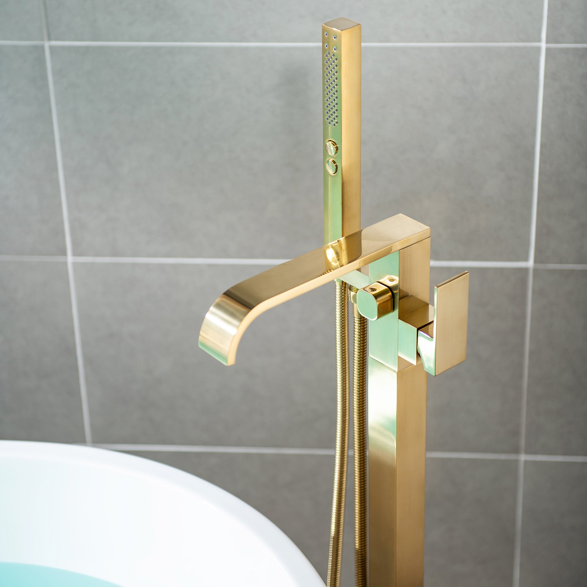 WOODBRIDGE F0040BN Contemporary Single Handle Floor Mount Freestanding Tub Filler Faucet with Hand shower