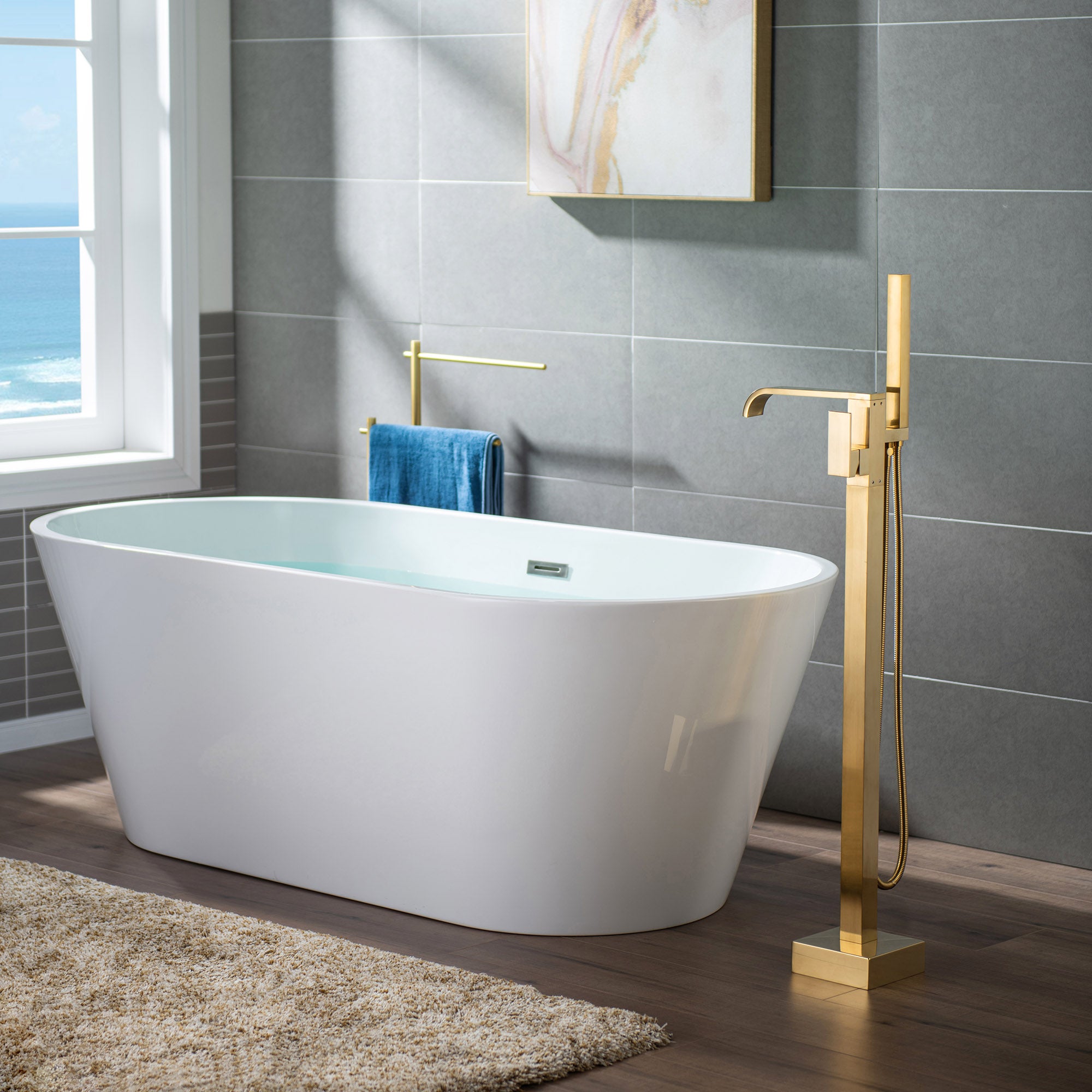 WOODBRIDGE F0040BN Contemporary Single Handle Floor Mount Freestanding Tub Filler Faucet with Hand shower