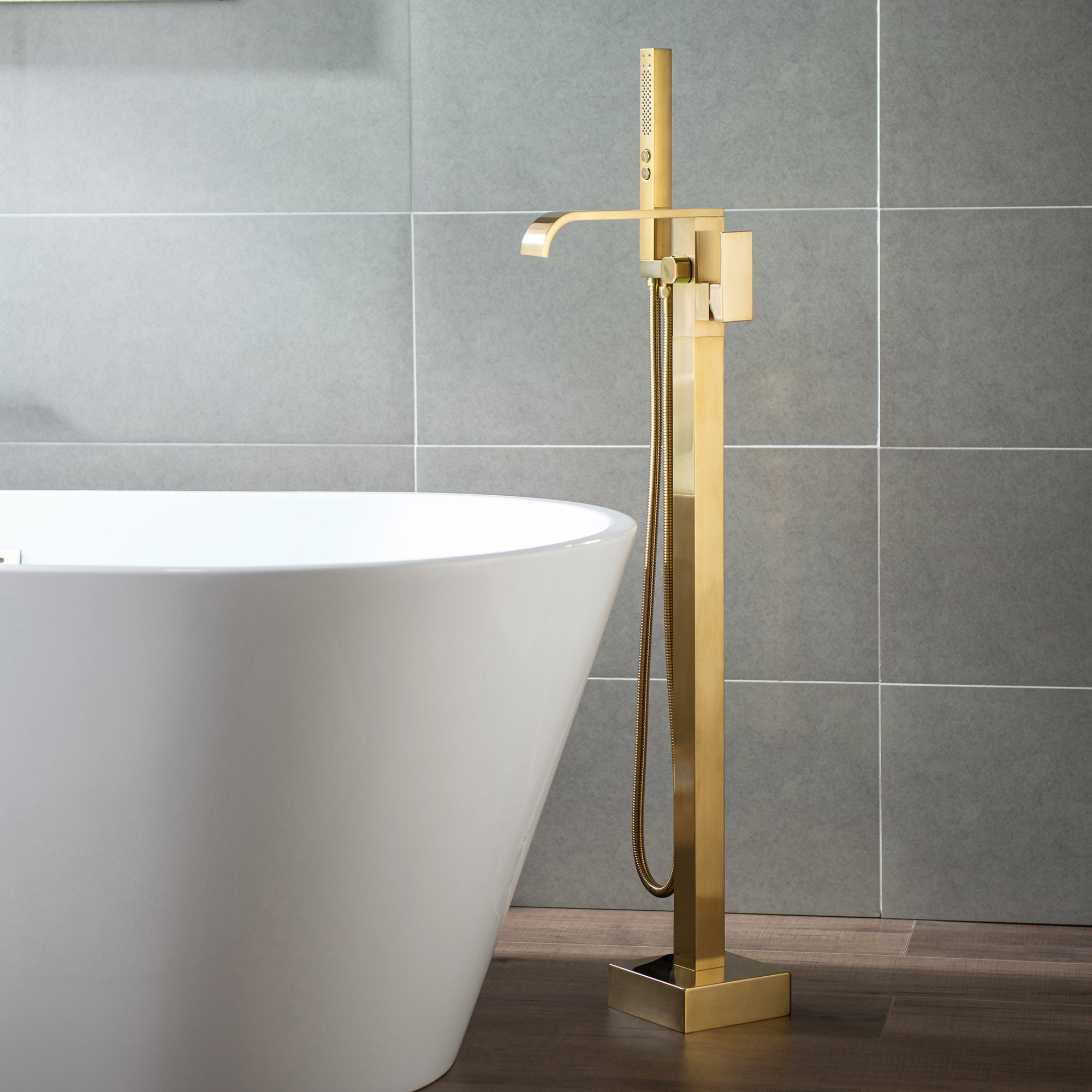 WOODBRIDGE F0040BN Contemporary Single Handle Floor Mount Freestanding Tub Filler Faucet with Hand shower