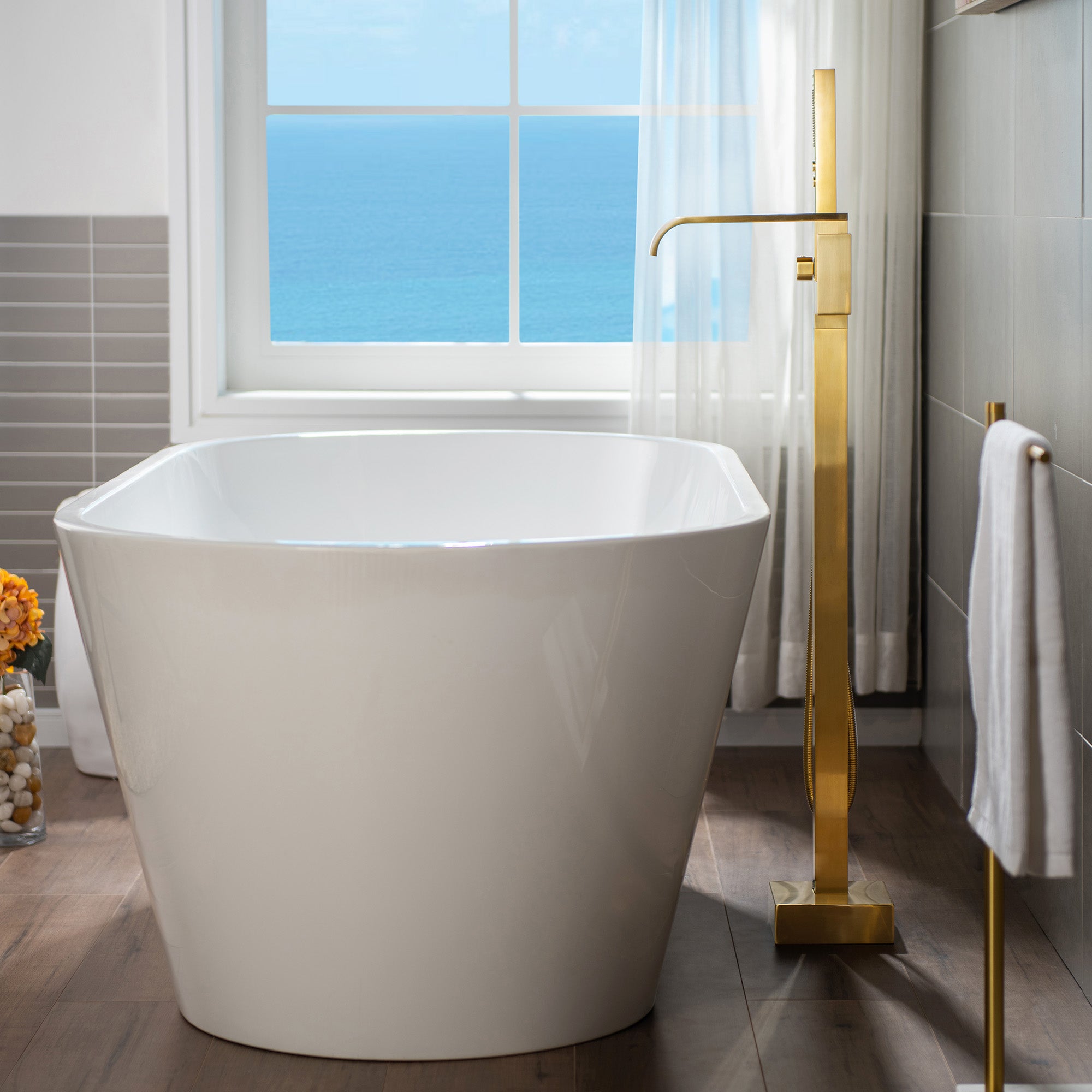 WOODBRIDGE F0040BN Contemporary Single Handle Floor Mount Freestanding Tub Filler Faucet with Hand shower