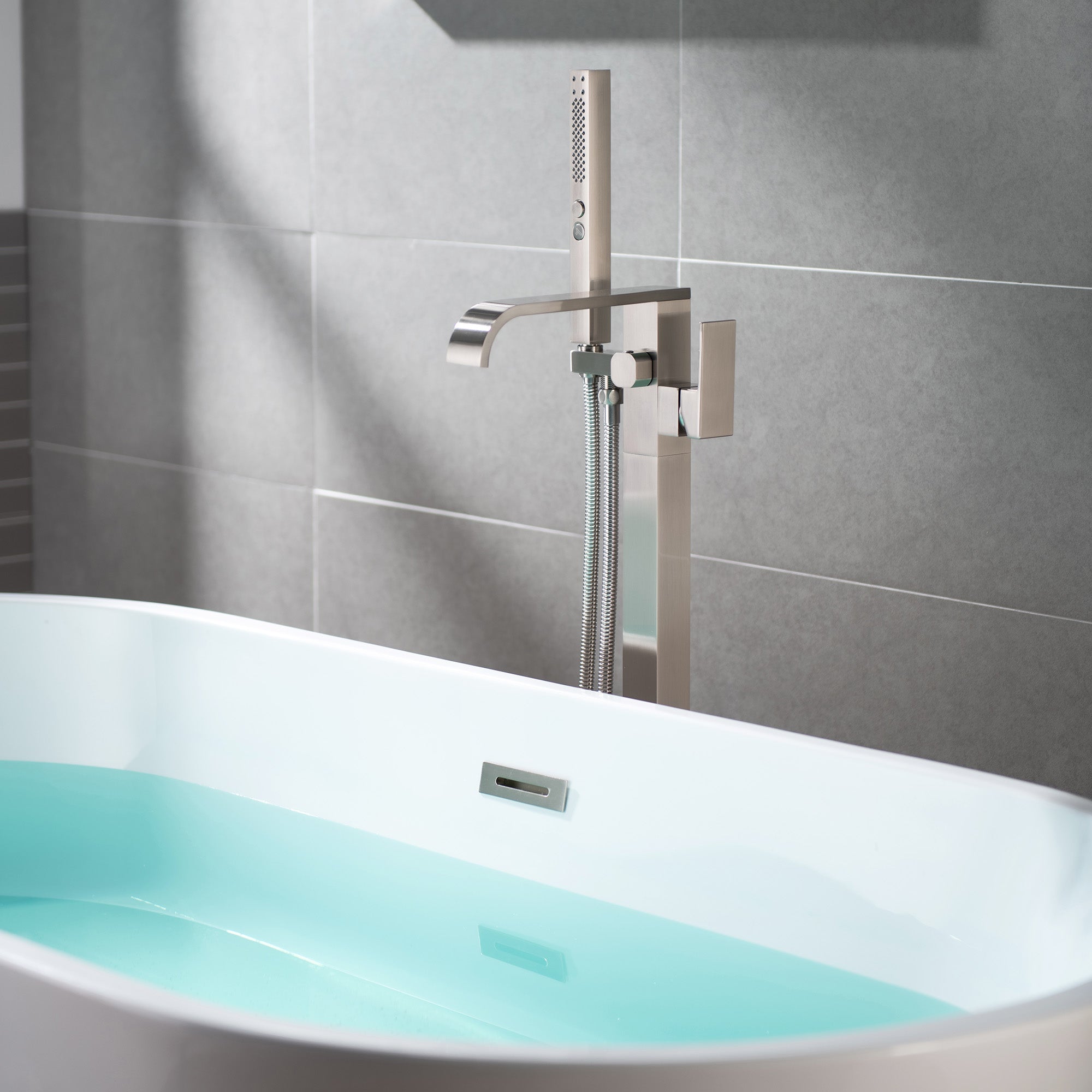 WOODBRIDGE F0040BN Contemporary Single Handle Floor Mount Freestanding Tub Filler Faucet with Hand shower