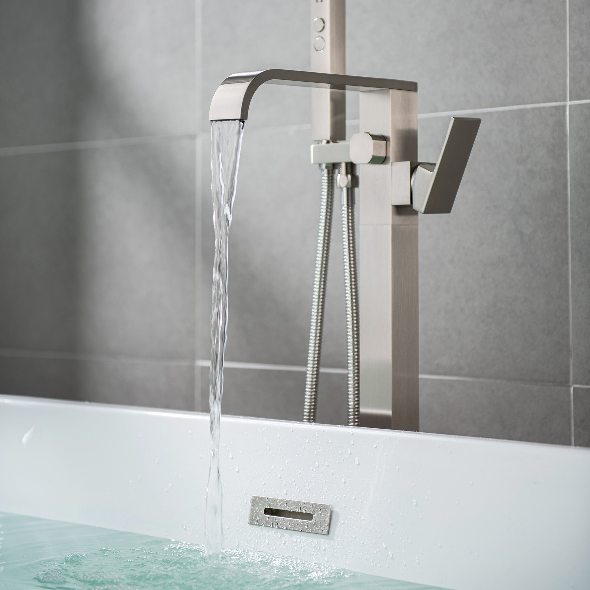 WOODBRIDGE F0040BN Contemporary Single Handle Floor Mount Freestanding Tub Filler Faucet with Hand shower