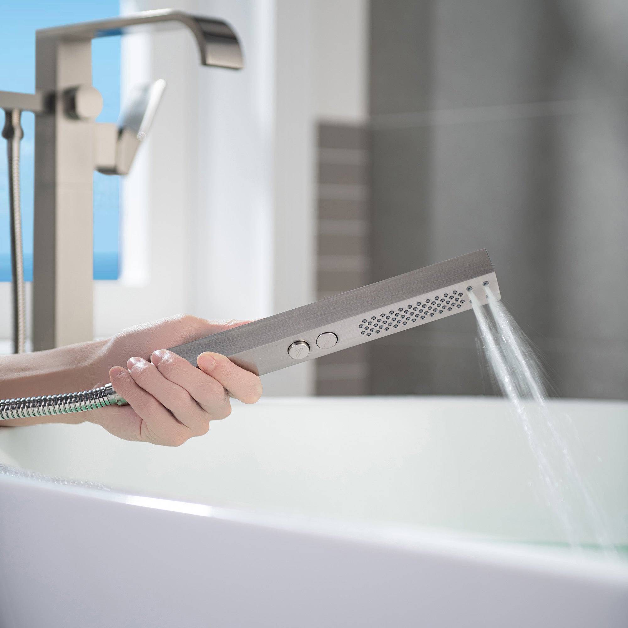 WOODBRIDGE F0040BN Contemporary Single Handle Floor Mount Freestanding Tub Filler Faucet with Hand shower