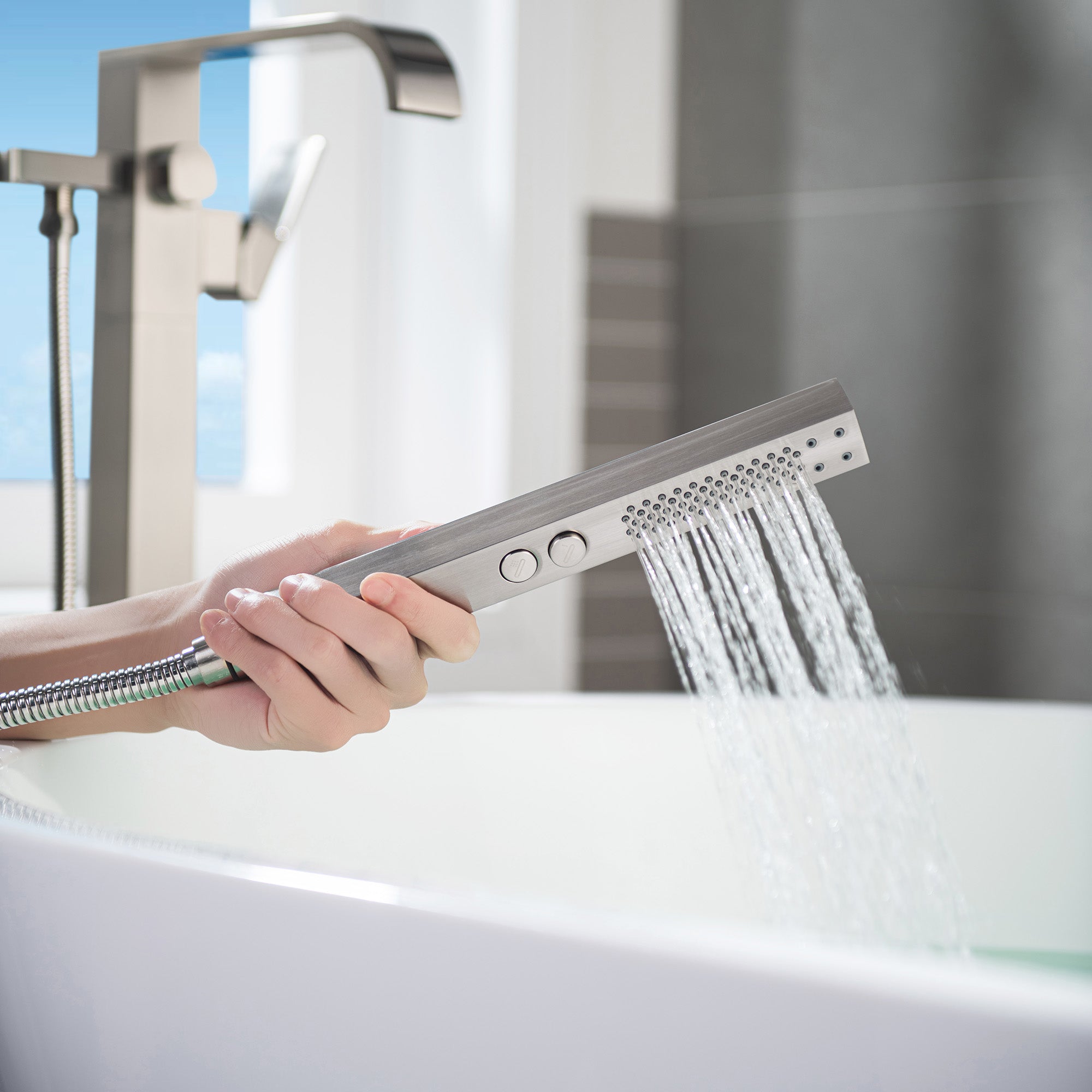 WOODBRIDGE F0040BN Contemporary Single Handle Floor Mount Freestanding Tub Filler Faucet with Hand shower