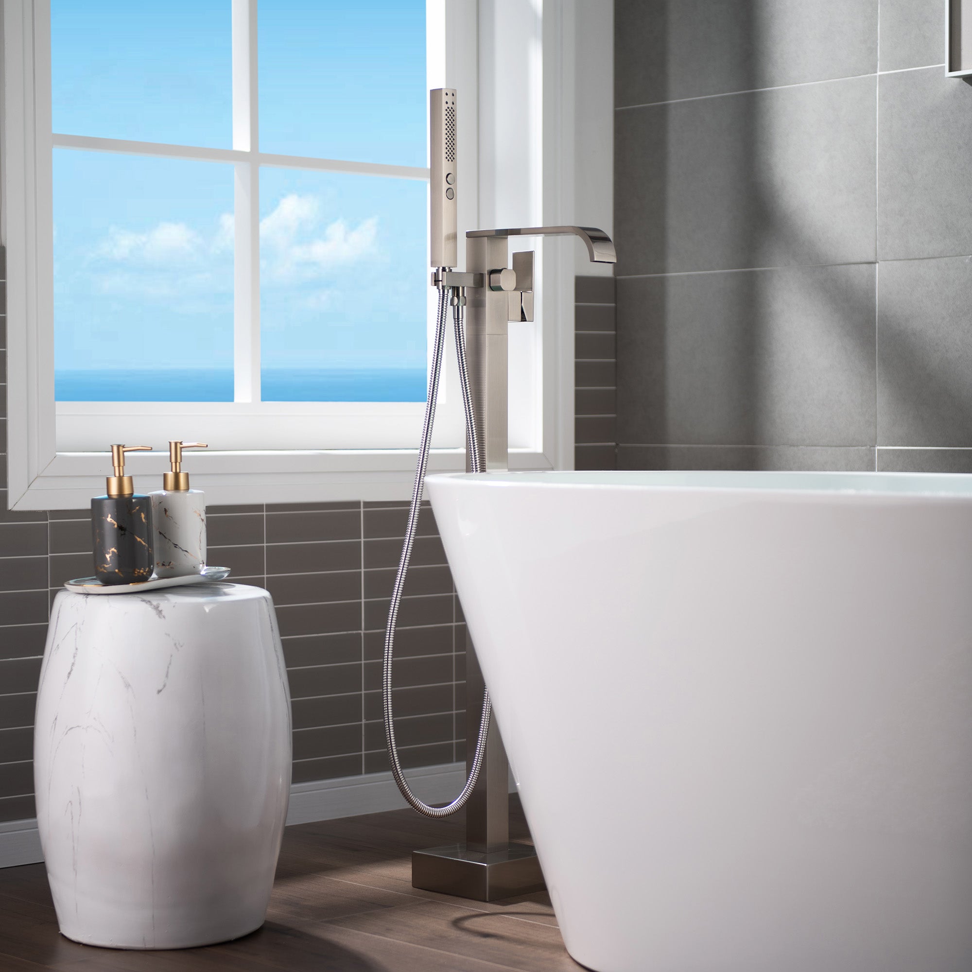 WOODBRIDGE F0040BN Contemporary Single Handle Floor Mount Freestanding Tub Filler Faucet with Hand shower