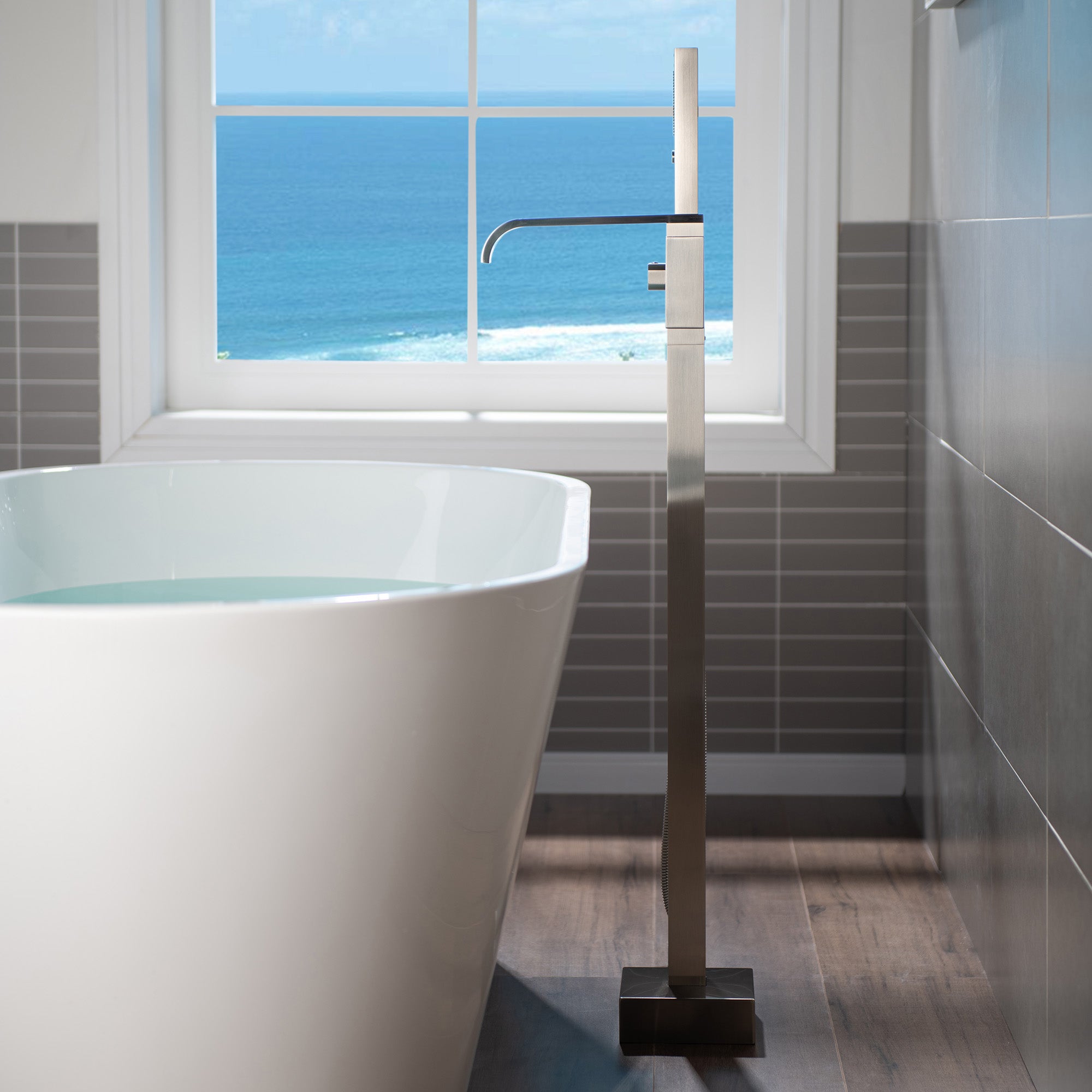WOODBRIDGE F0040BN Contemporary Single Handle Floor Mount Freestanding Tub Filler Faucet with Hand shower