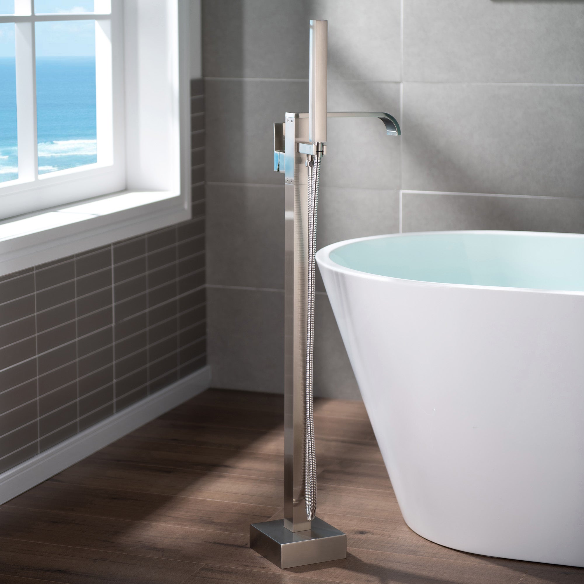 WOODBRIDGE F0040BN Contemporary Single Handle Floor Mount Freestanding Tub Filler Faucet with Hand shower