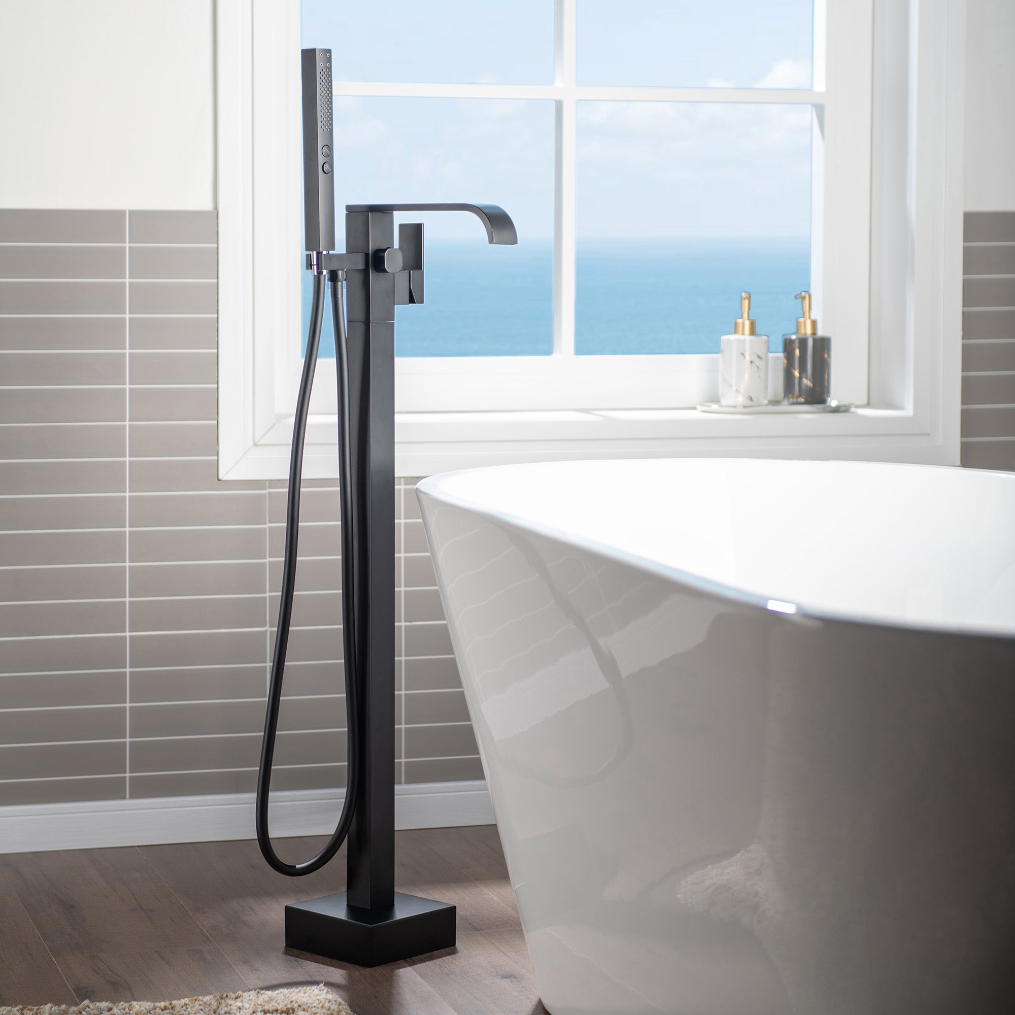 WOODBRIDGE F0040BN Contemporary Single Handle Floor Mount Freestanding Tub Filler Faucet with Hand shower