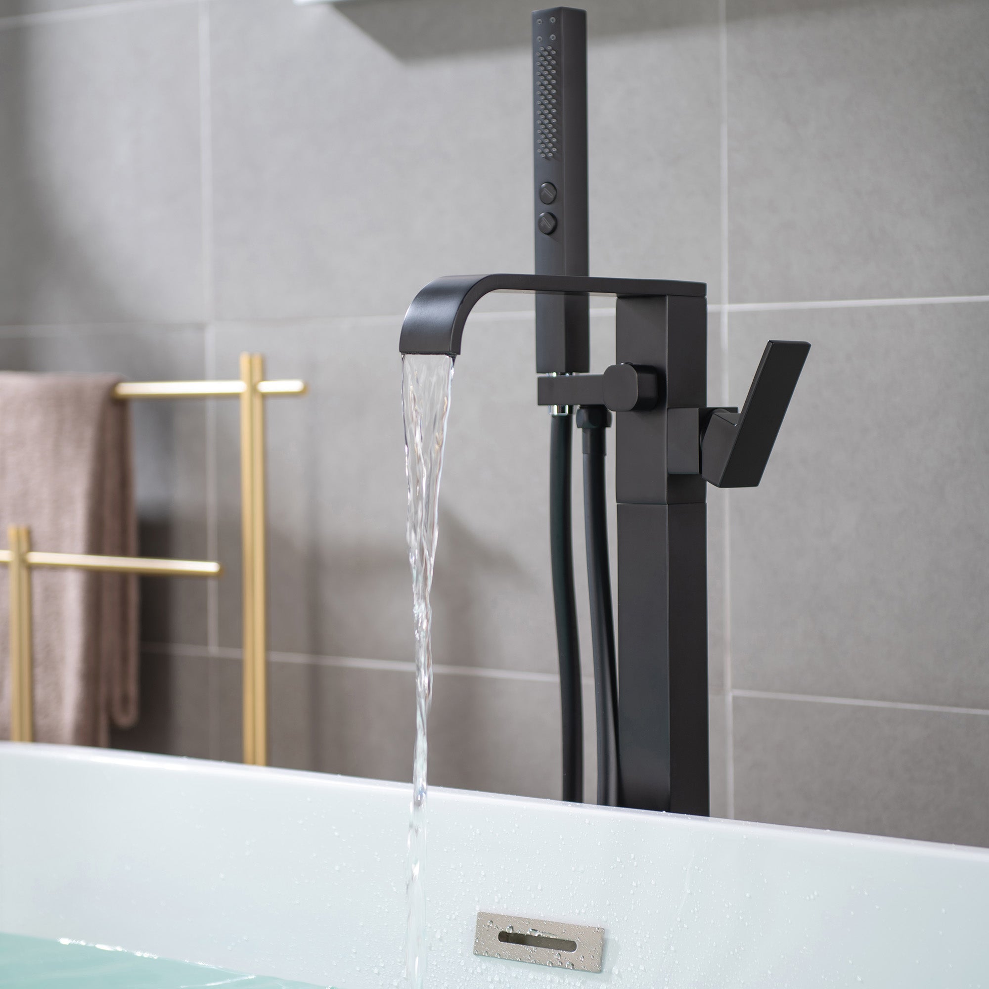 WOODBRIDGE F0040BN Contemporary Single Handle Floor Mount Freestanding Tub Filler Faucet with Hand shower