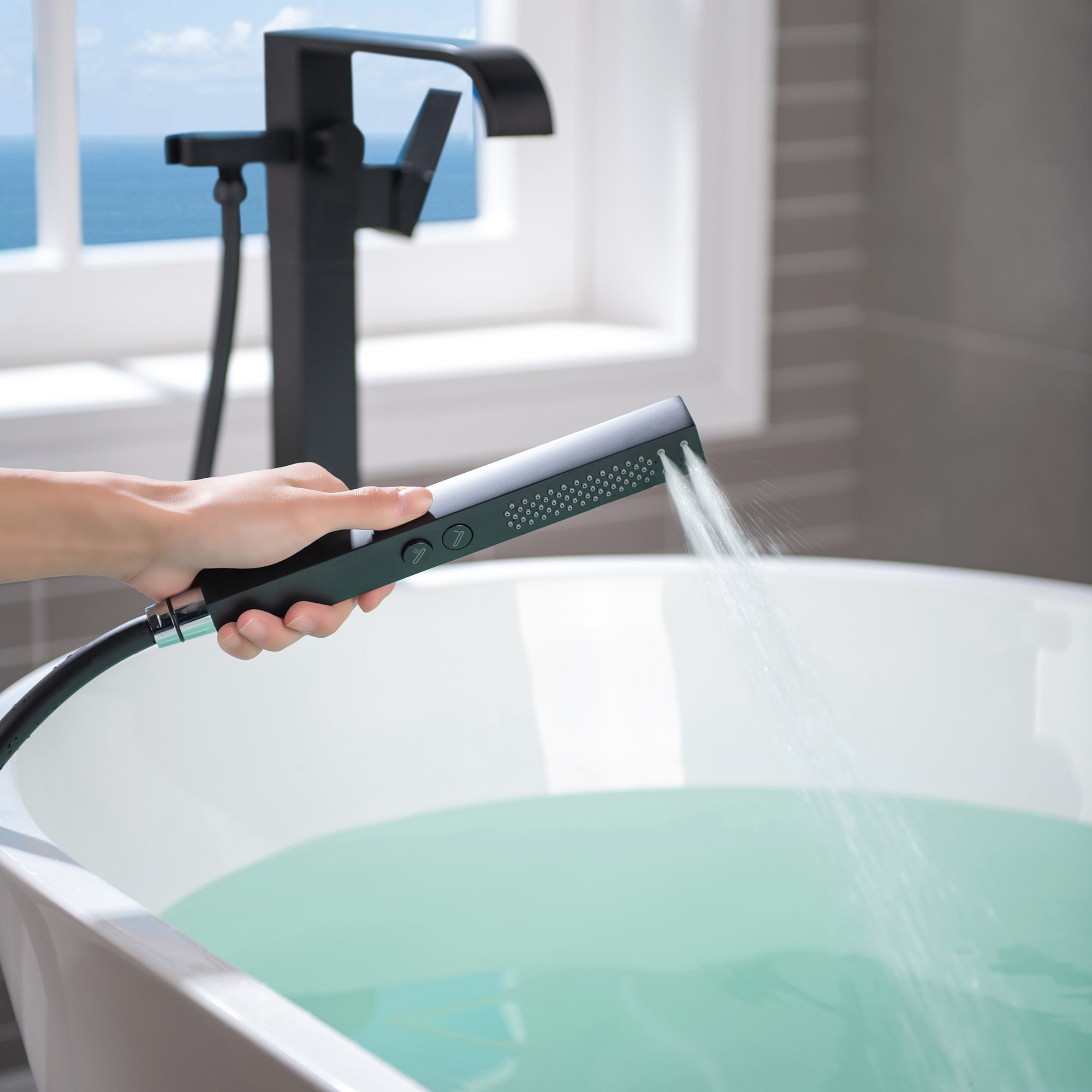 WOODBRIDGE F0040BN Contemporary Single Handle Floor Mount Freestanding Tub Filler Faucet with Hand shower