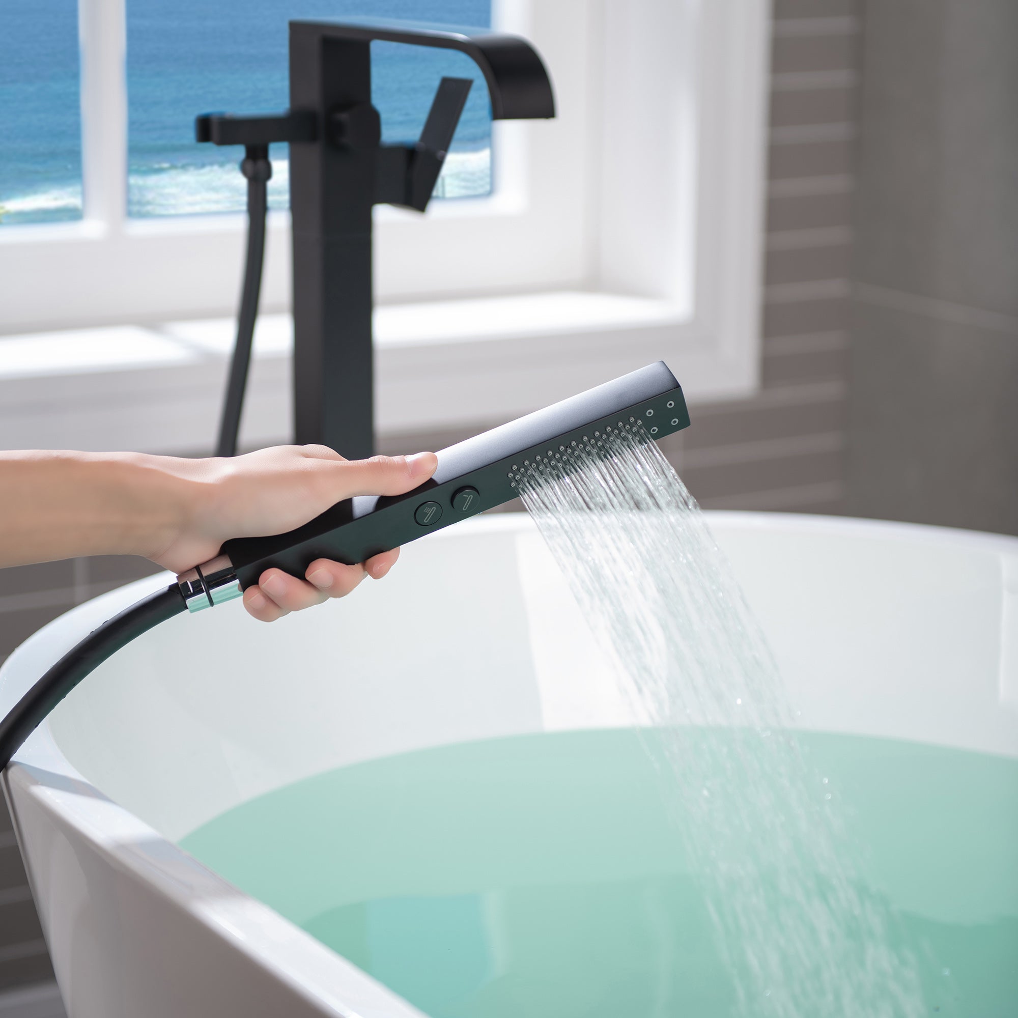 WOODBRIDGE F0040BN Contemporary Single Handle Floor Mount Freestanding Tub Filler Faucet with Hand shower