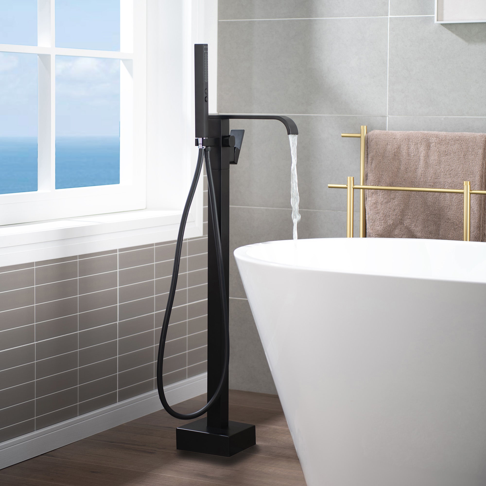 WOODBRIDGE F0040BN Contemporary Single Handle Floor Mount Freestanding Tub Filler Faucet with Hand shower