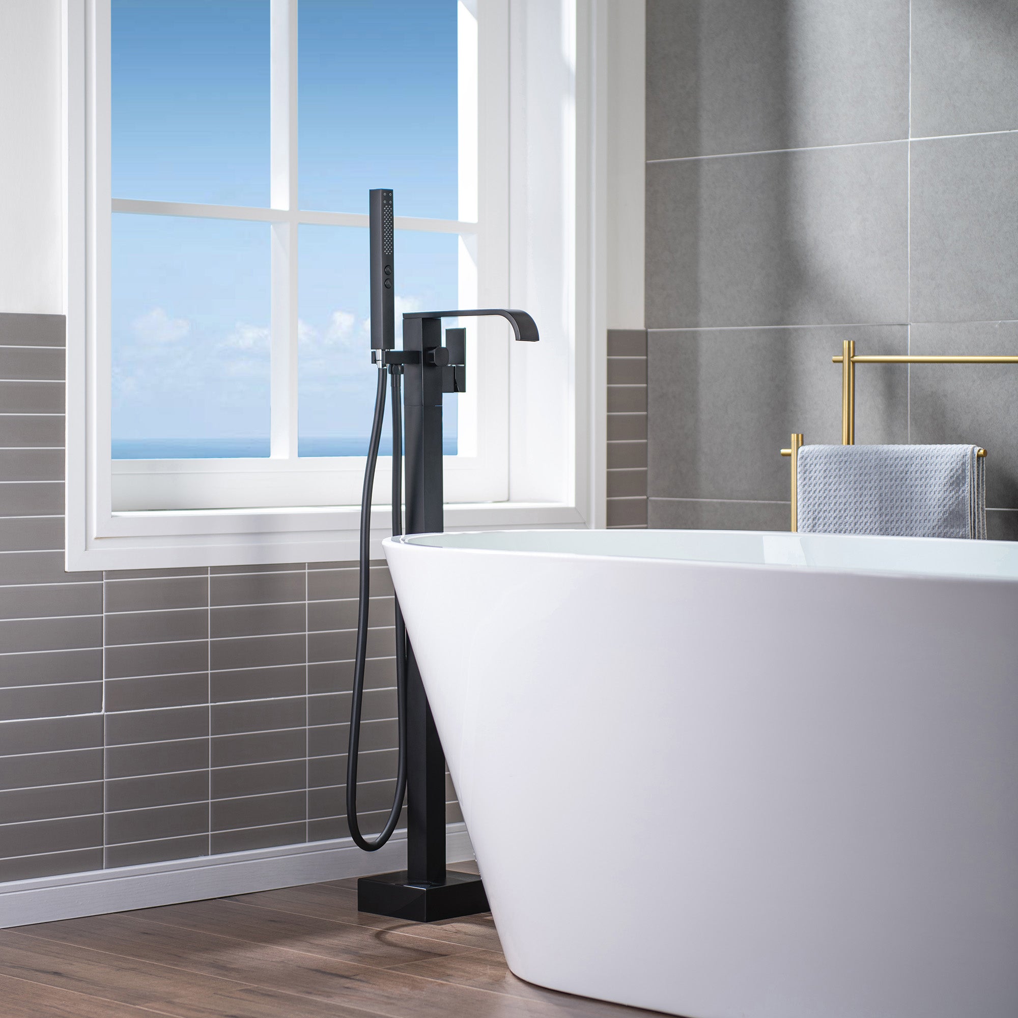 WOODBRIDGE F0040BN Contemporary Single Handle Floor Mount Freestanding Tub Filler Faucet with Hand shower