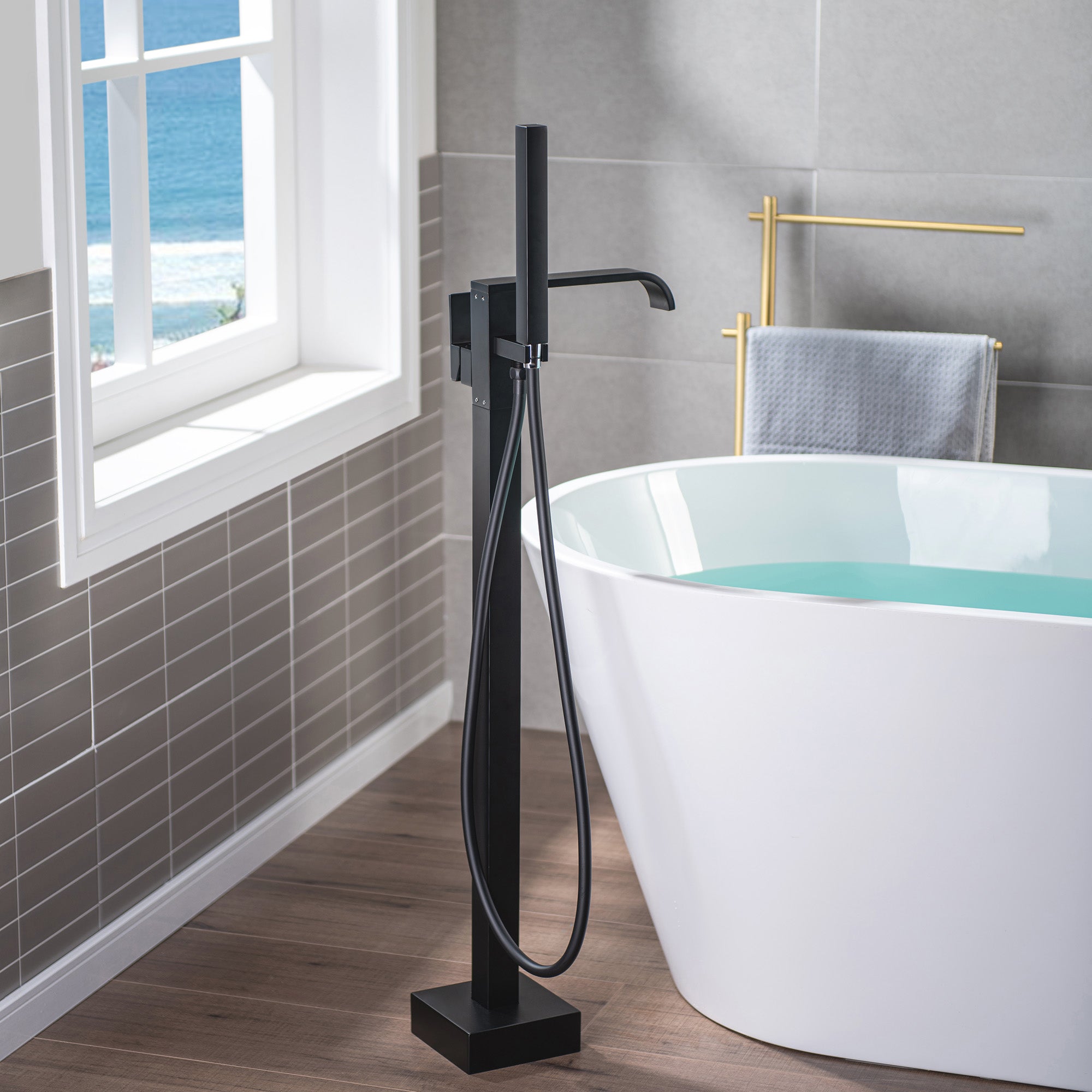 WOODBRIDGE F0040BN Contemporary Single Handle Floor Mount Freestanding Tub Filler Faucet with Hand shower