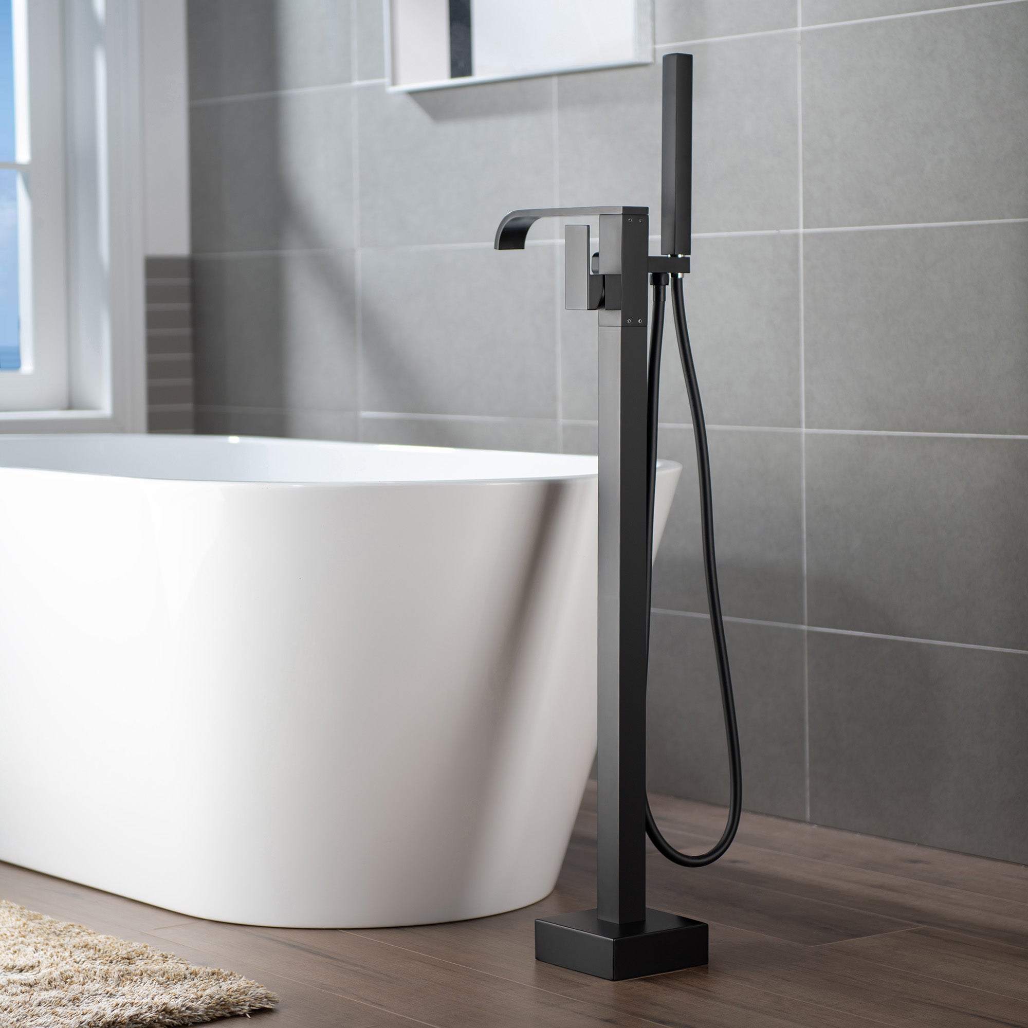 WOODBRIDGE F0040BN Contemporary Single Handle Floor Mount Freestanding Tub Filler Faucet with Hand shower