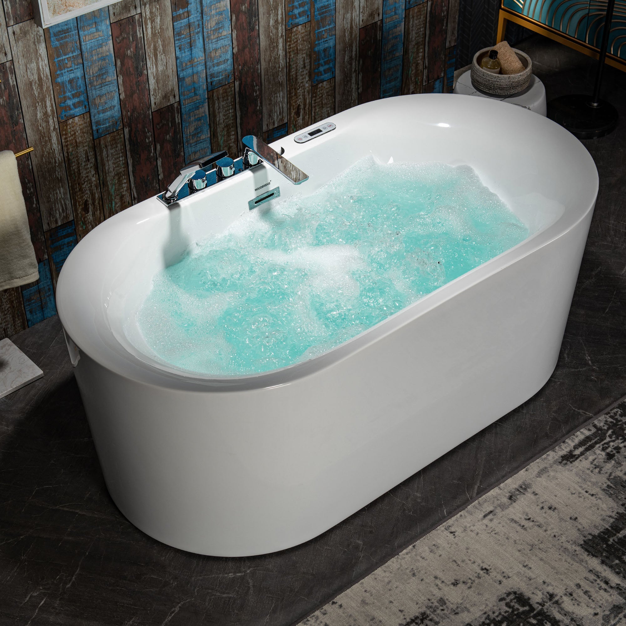 WOODBRIDGE 59" x 31-1/2" Whirlpool Water Jetted & Air Bubble Heated Freestanding Combination Bathtub with Tub Filler & LED Control – BJ100+F0041CH