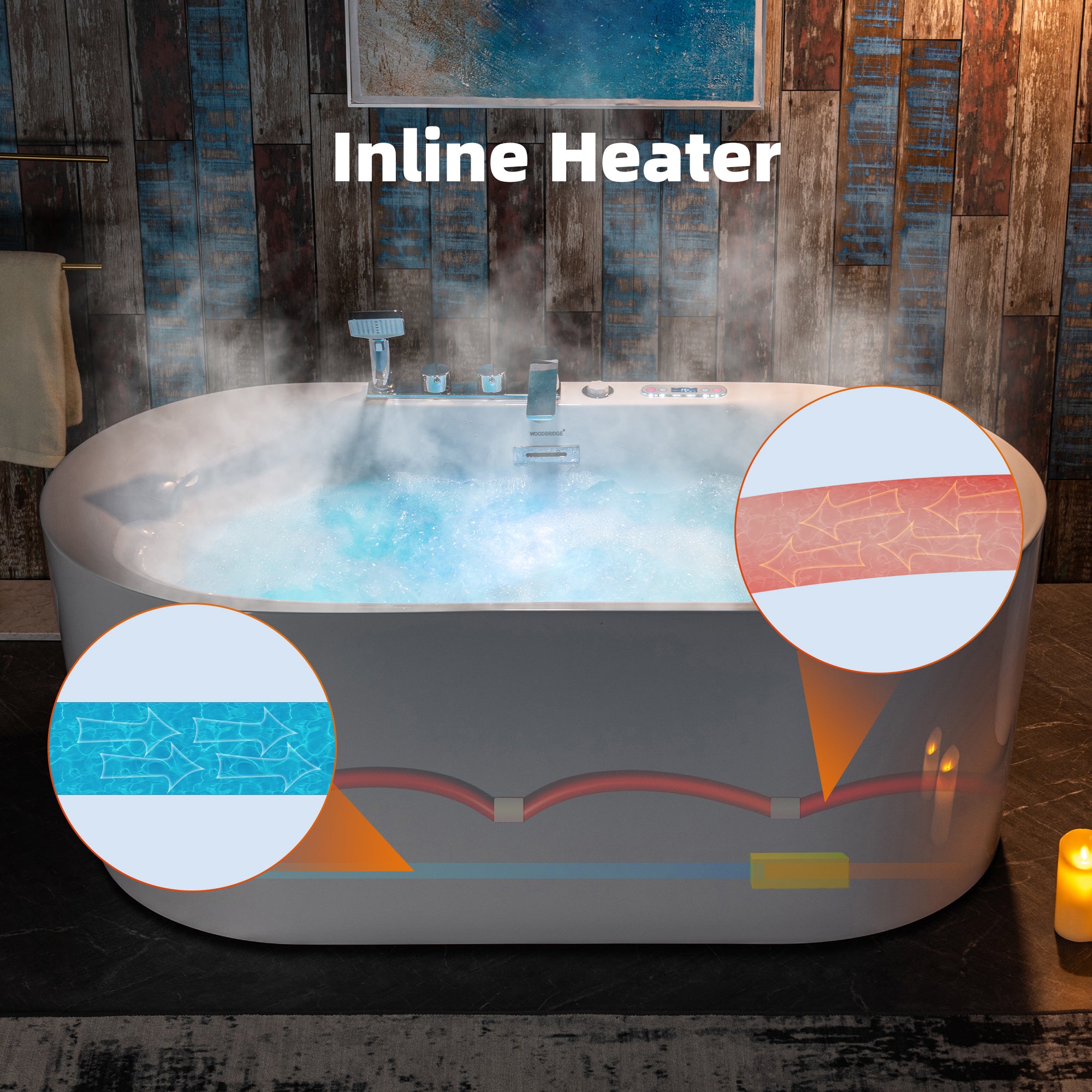 WOODBRIDGE 59" x 31-1/2" Whirlpool Water Jetted & Air Bubble Heated Freestanding Combination Bathtub with Tub Filler & LED Control – BJ100+F0041CH