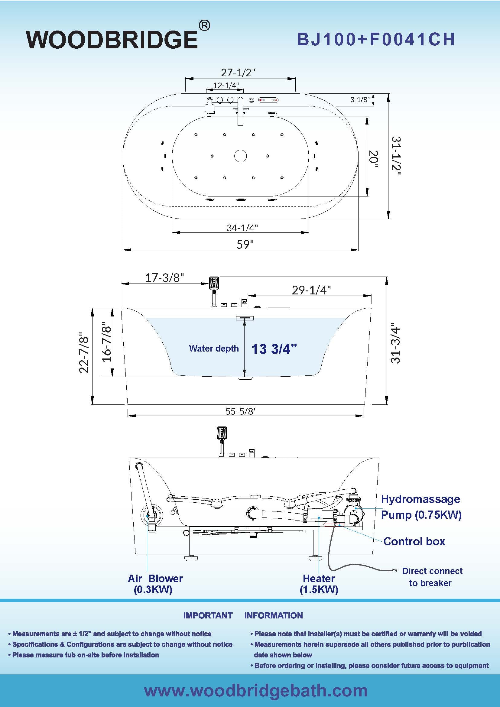 WOODBRIDGE 59" x 31-1/2" Whirlpool Water Jetted & Air Bubble Heated Freestanding Combination Bathtub with Tub Filler & LED Control – BJ100+F0041CH