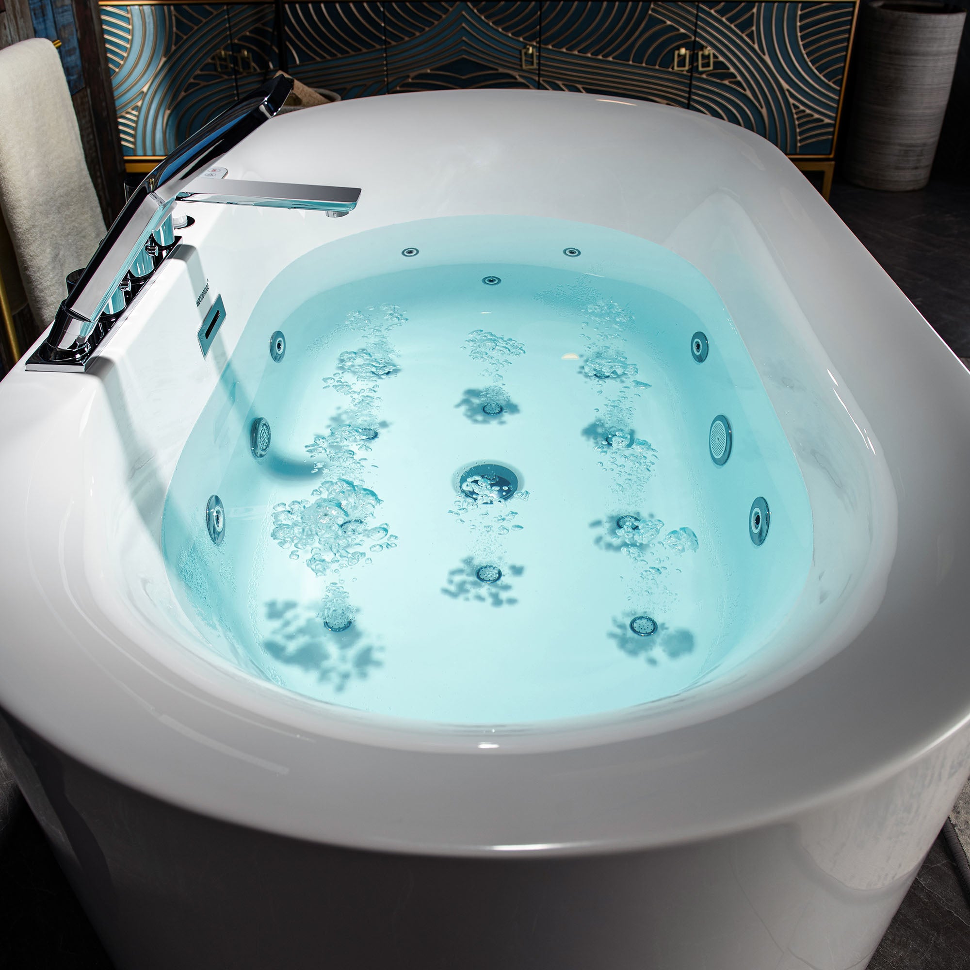 WOODBRIDGE 59" x 31-1/2" Whirlpool Water Jetted & Air Bubble Heated Freestanding Combination Bathtub with Tub Filler & LED Control – BJ100+F0041CH