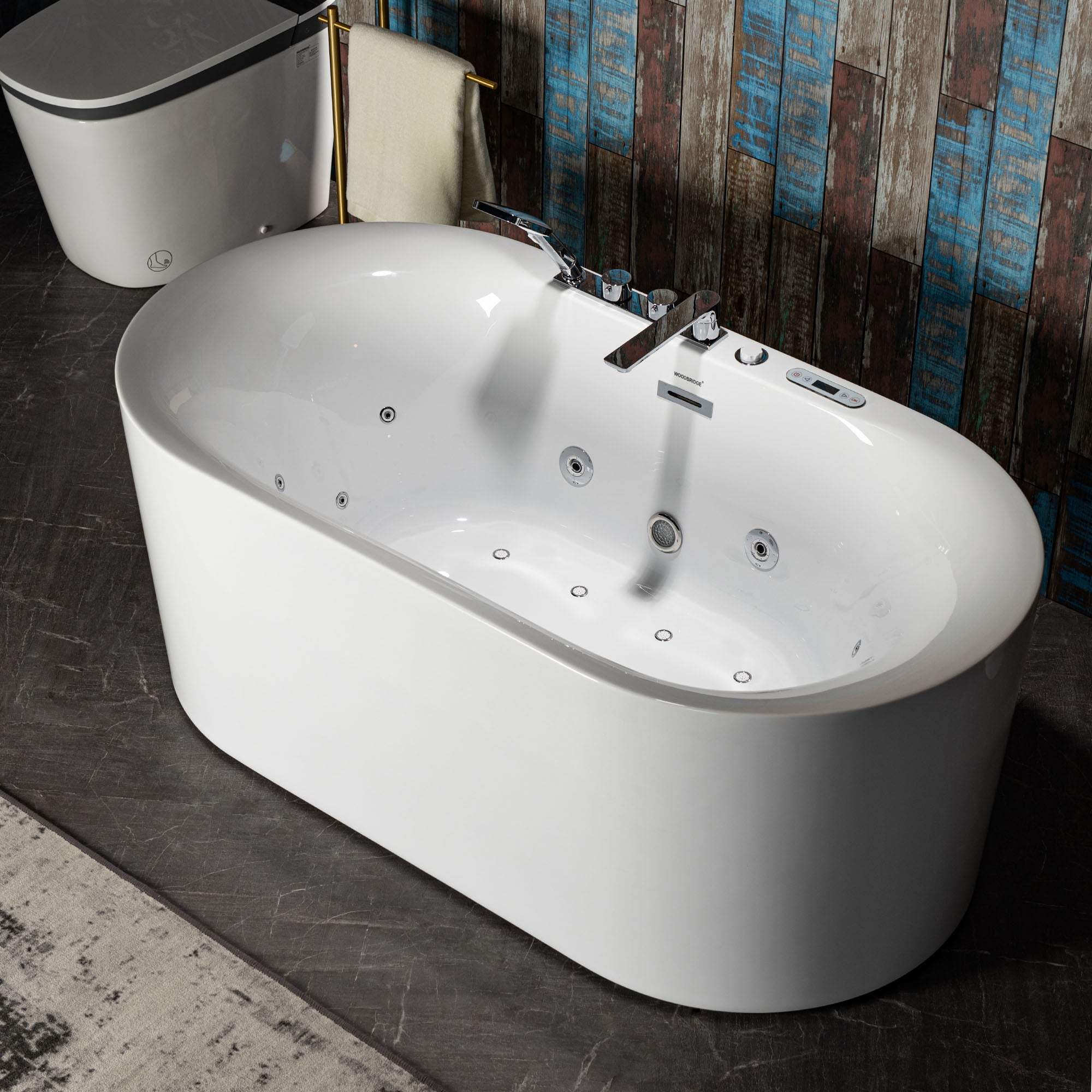 WOODBRIDGE 59" x 31-1/2" Whirlpool Water Jetted & Air Bubble Heated Freestanding Combination Bathtub with Tub Filler & LED Control – BJ100+F0041CH