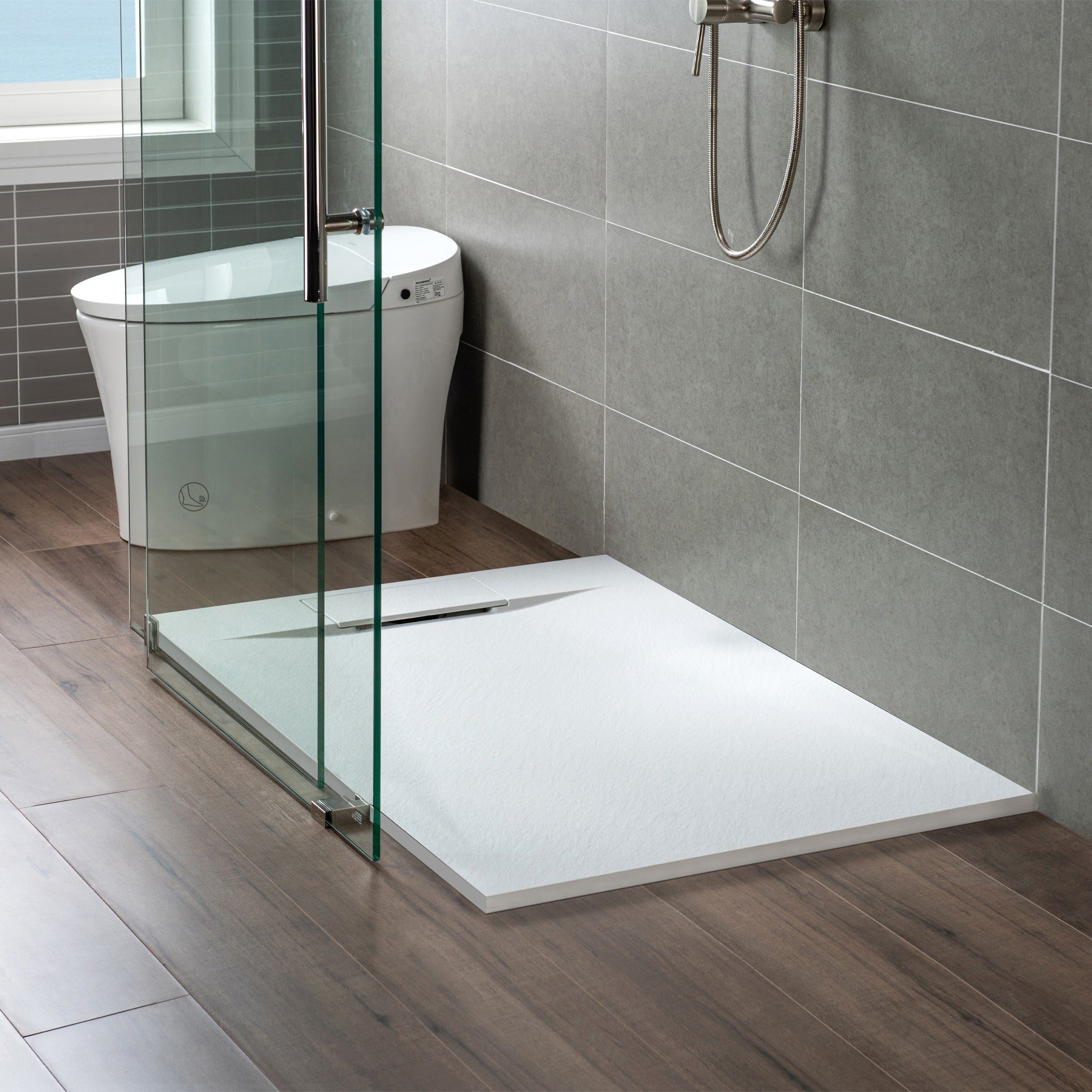 WOODBRIDGE 47.5 in L x 31.5 in W Zero Threshold End Drain Shower Base with Reversible Drain Placement, Matching Decorative Drain Plate and Tile Flange