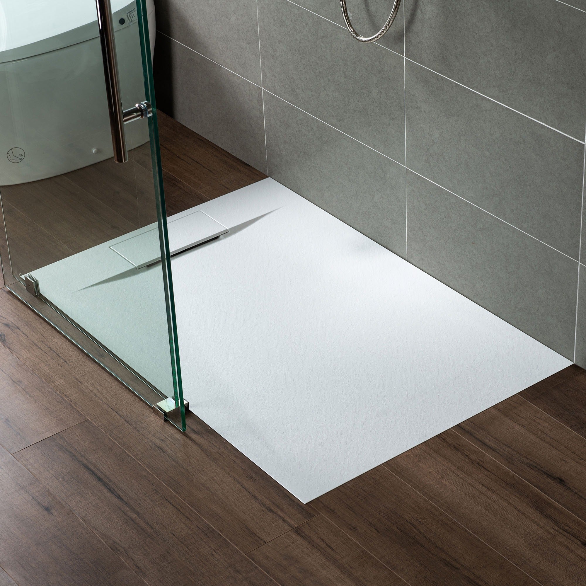 WOODBRIDGE 47.5 in L x 31.5 in W Zero Threshold End Drain Shower Base with Reversible Drain Placement, Matching Decorative Drain Plate and Tile Flange