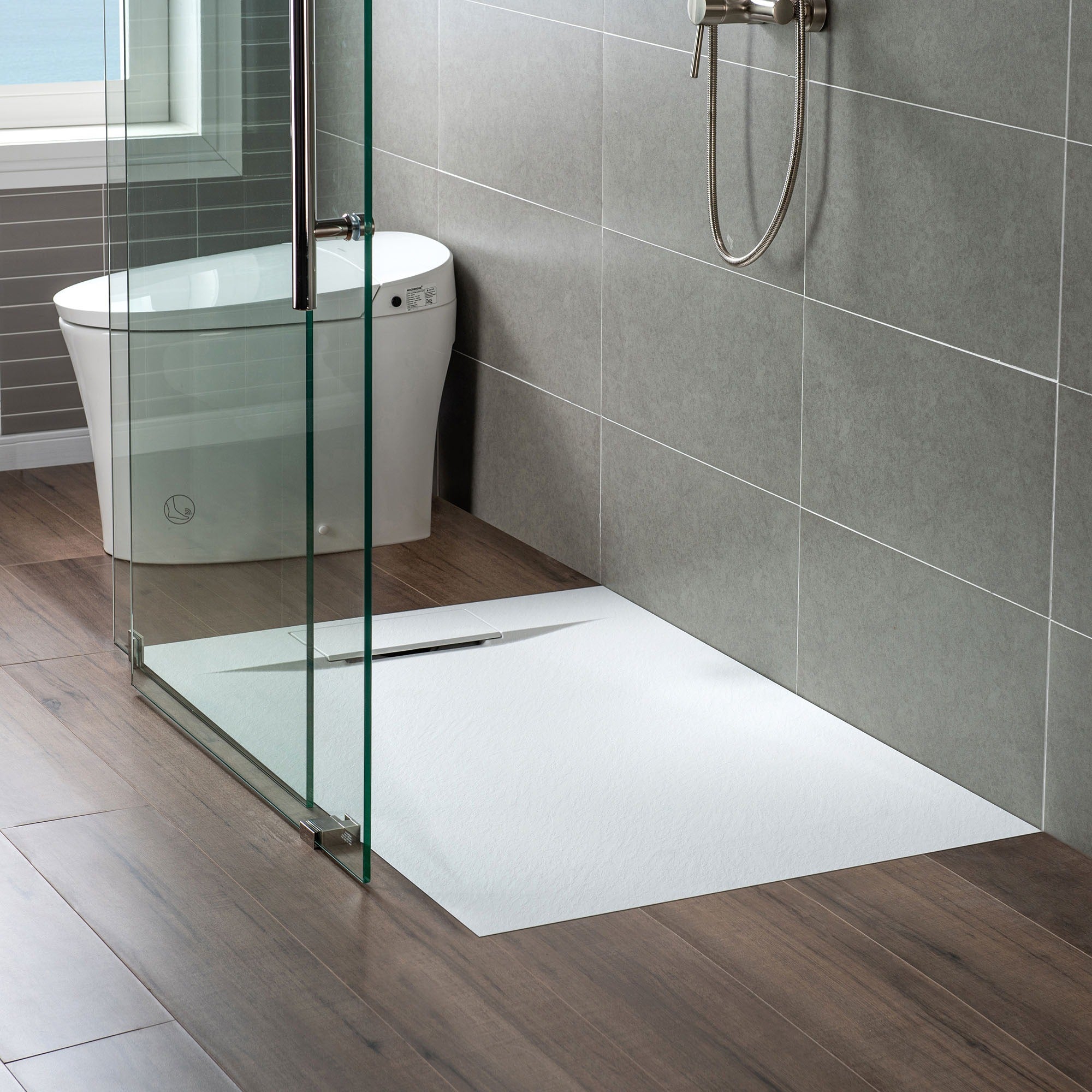 WOODBRIDGE 47.5 in L x 31.5 in W Zero Threshold End Drain Shower Base with Reversible Drain Placement, Matching Decorative Drain Plate and Tile Flange