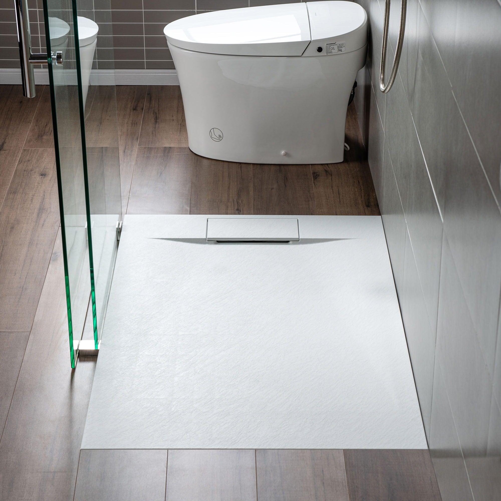 WOODBRIDGE 47.5 in L x 31.5 in W Zero Threshold End Drain Shower Base with Reversible Drain Placement, Matching Decorative Drain Plate and Tile Flange