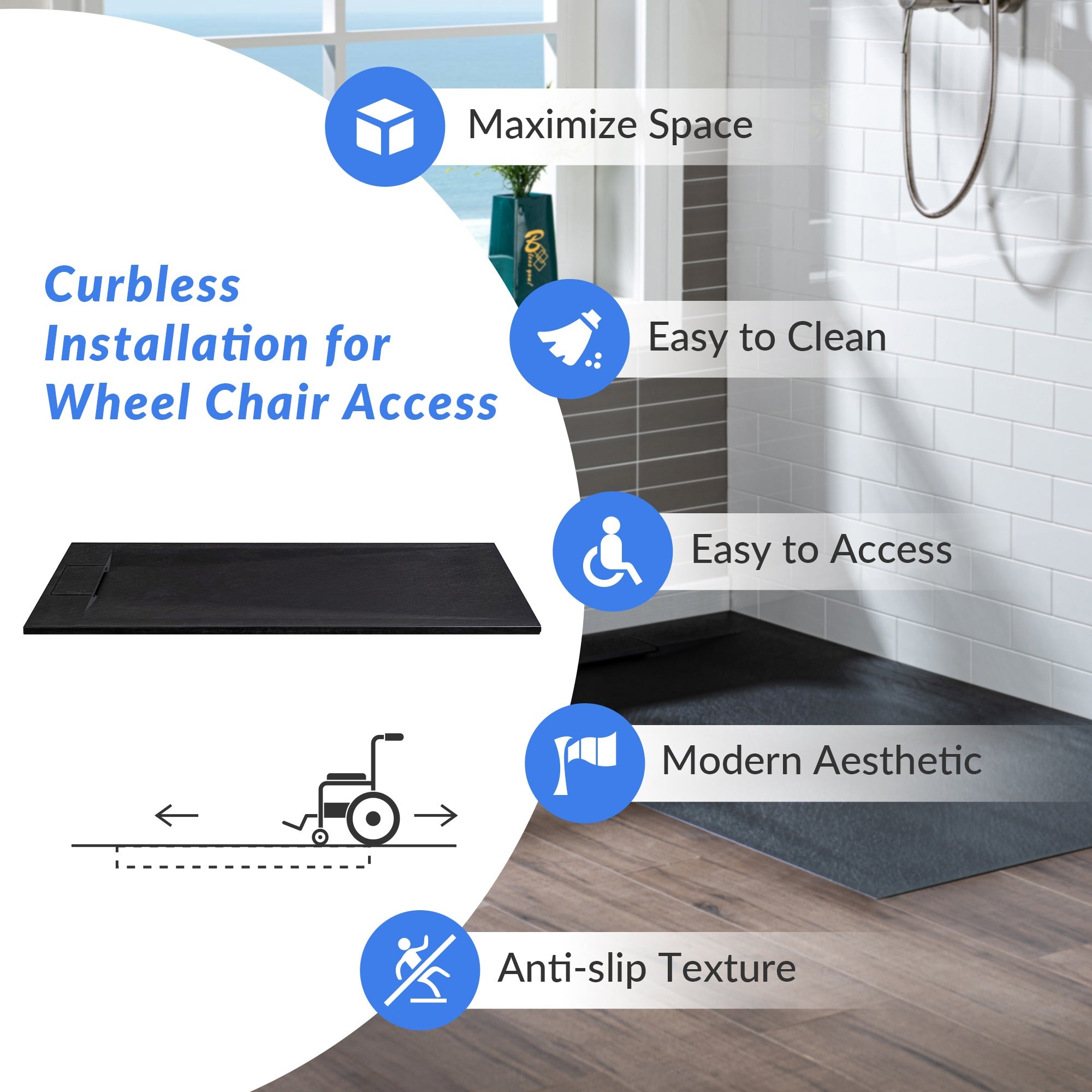 WOODBRIDGE 47.5 in L x 31.5 in W Zero Threshold End Drain Shower Base with Reversible Drain Placement, Matching Decorative Drain Plate and Tile Flange