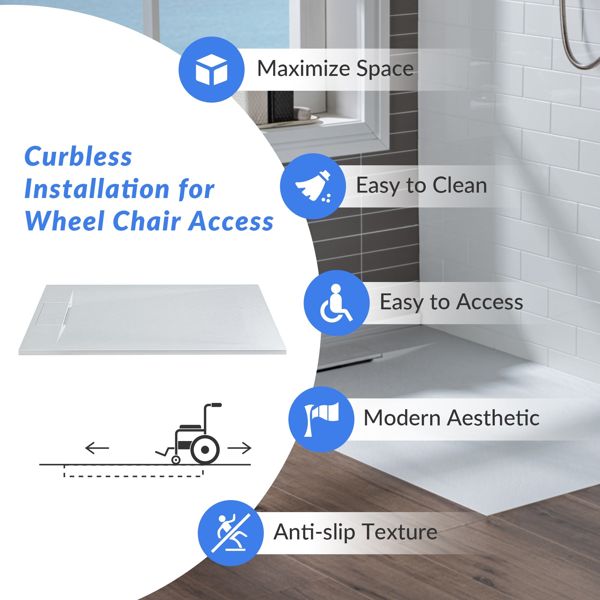 WOODBRIDGE 60 in L x 35.4 in W Zero Threshold End Drain Shower Base with Reversible Drain Placement, Matching Decorative Drain Plate and Tile Flange