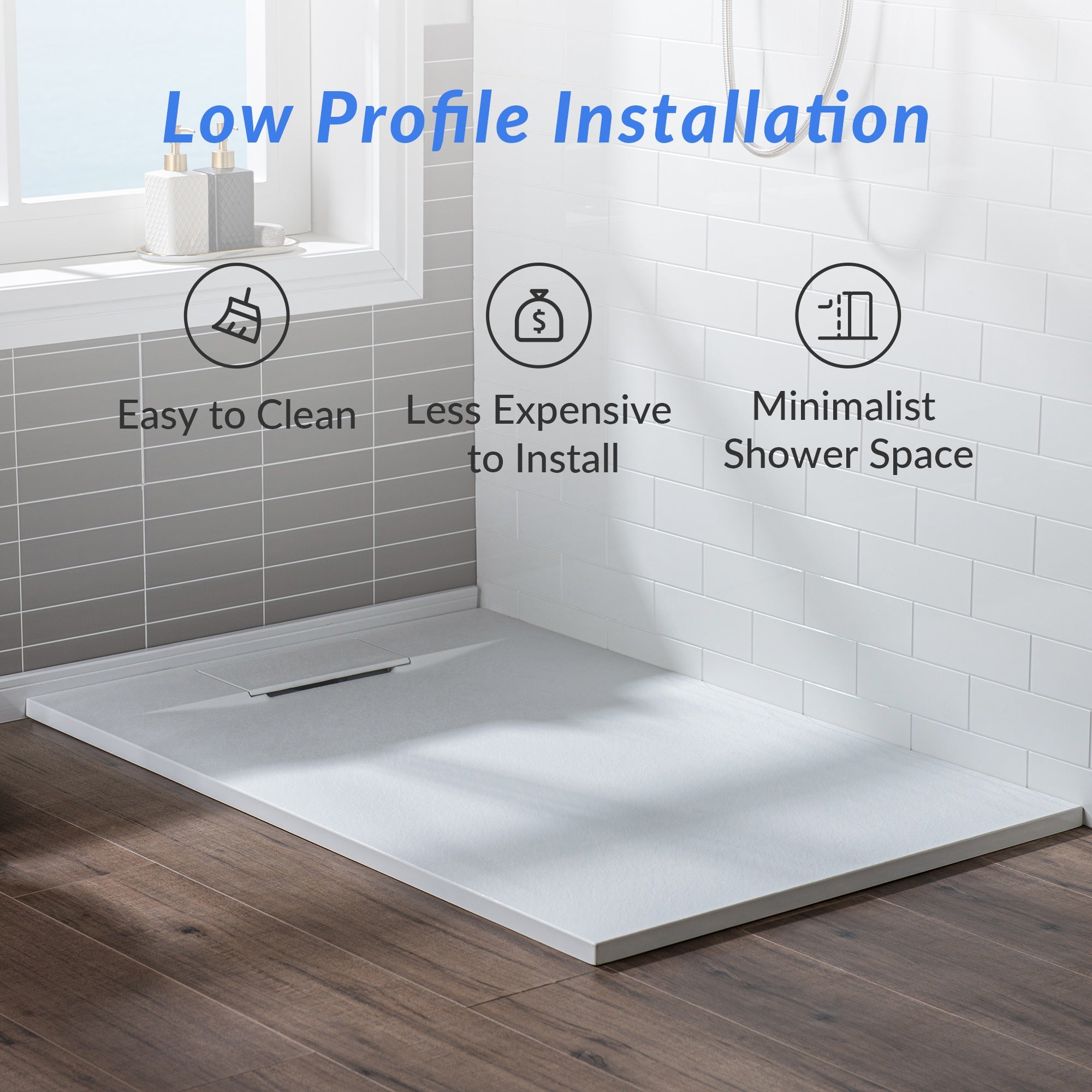 WOODBRIDGE 60 in L x 35.4 in W Zero Threshold End Drain Shower Base with Reversible Drain Placement, Matching Decorative Drain Plate and Tile Flange